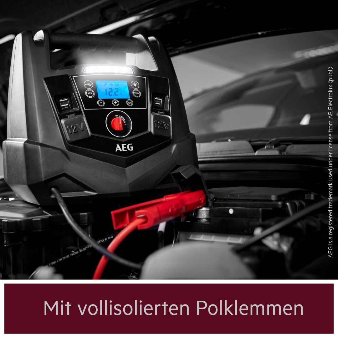 AEG Tragbare 12V Energiestation Auto Starthilfe, Powerstation mit Luftkompressor, 220V Spannungswandler, Steckdose,mit 4 USB, Kompatibel mit PKW, Schwarz/Rot