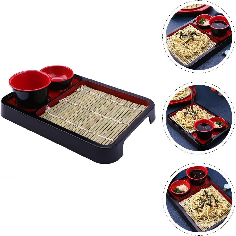 Hemoton 1Set Japanese Style Cold Noodle Dish with Bamboo Mat Rectangular Soba Noodles Plate Decorative Food Tray for Parties and Gatherings