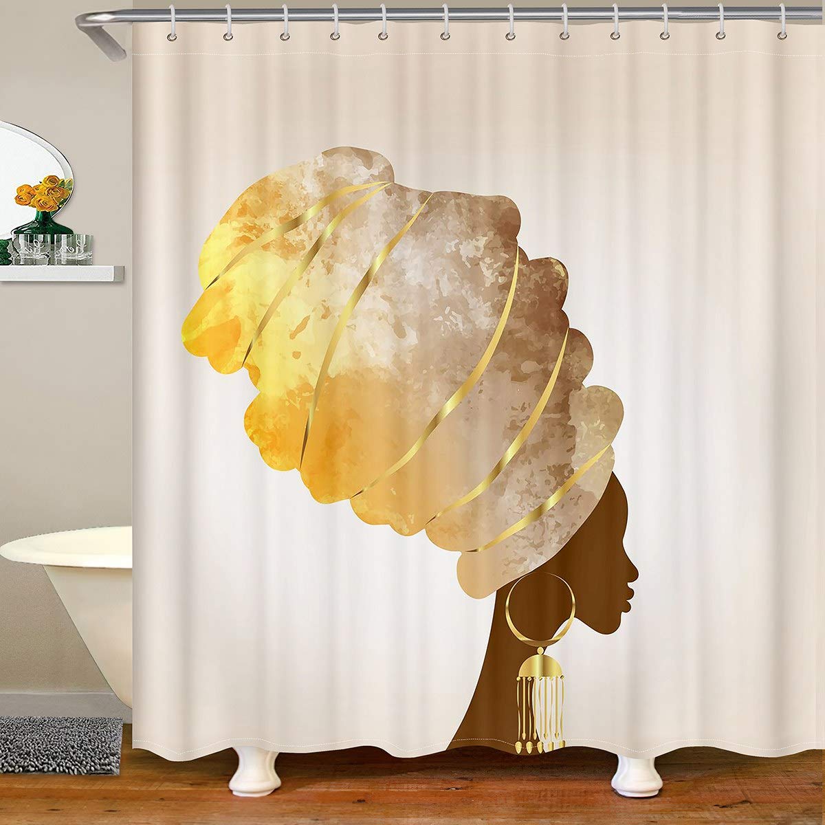 Loussiesd African Woman Bathroom Shower Curtain Set Golden Ethnic Afro Shower Curtain Women Traditional Exotic Style Bath Curtain for Kids Polyester Girls Stalls Bathtubs Curtain 180x180cm