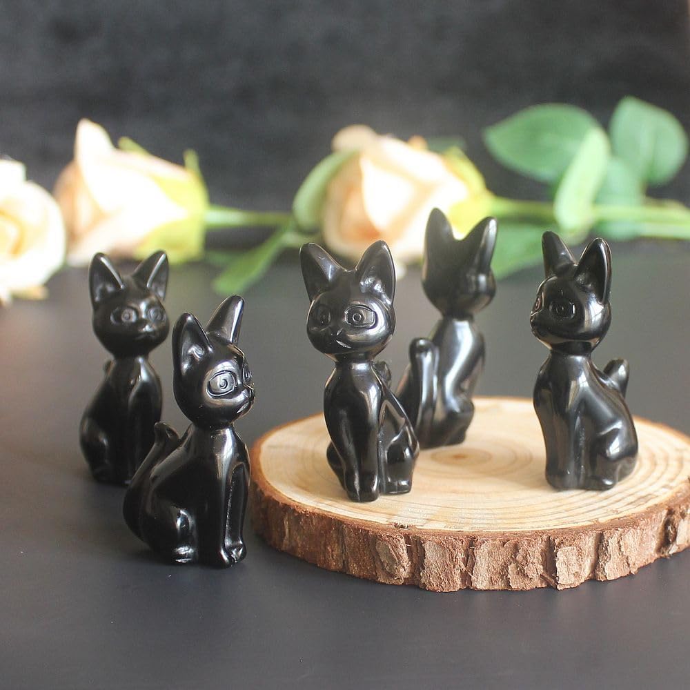 Hand Carved Gemstone Crystal Abyssinian Egyptian cat Figurine Animal Statue Carving Office Room Home Decor 2'' (Black Obsidian) - Image 6