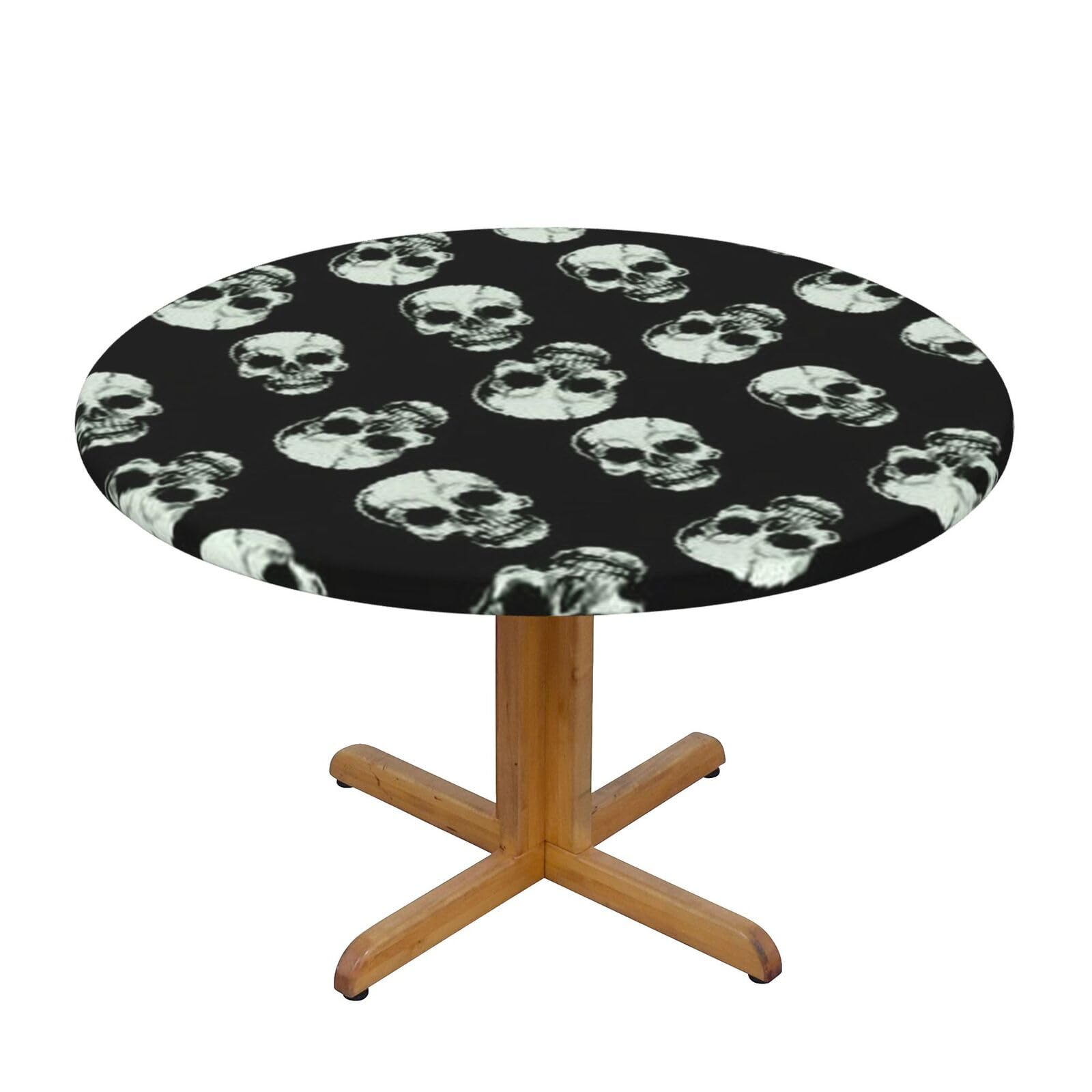 Ffshkowe Black Skull Elastic Round Tablecloth Oil Proof Table Cover For Dining Party Picnic