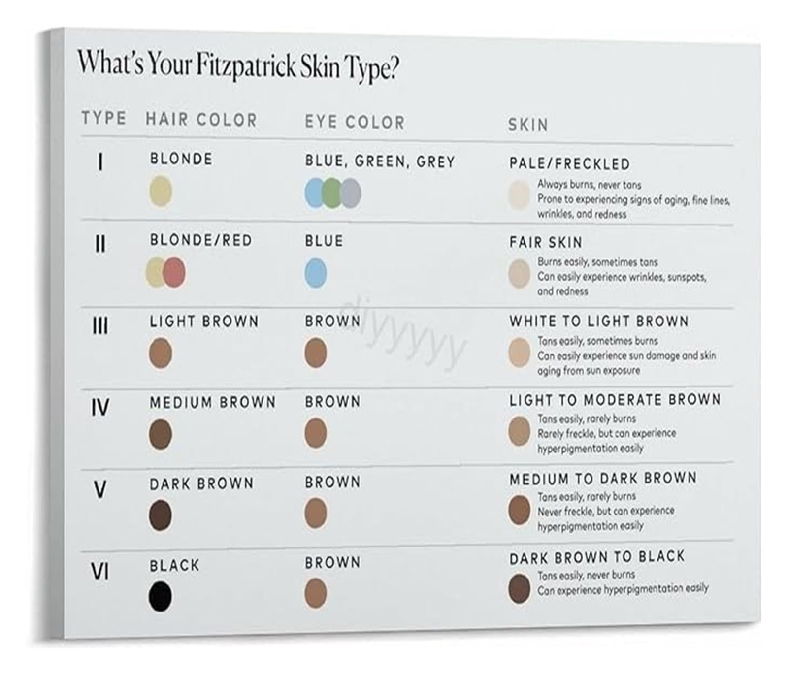 MDBJTCYZN Professional Skin Tone Chart Sun Sensitivity and Type Guide Canvas Art for Aesthetic Clinic Decor(Framed,08x12inch(20x30cm))