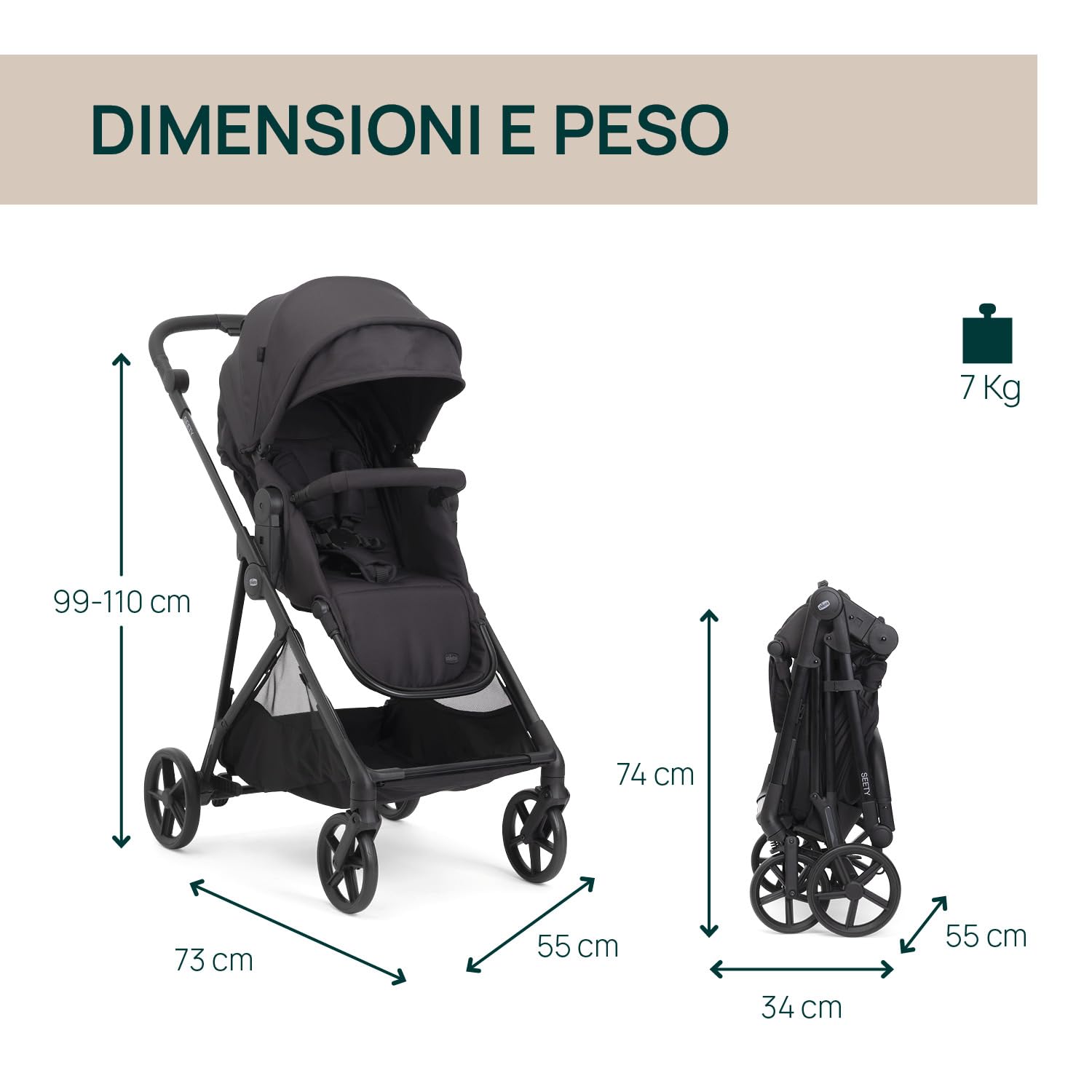 Chicco Passeggino Seety, Passeggino Leggero e Compatto Da 0 Mesi a 4 Anni, Portata Max 22kg, Passeggino Pieghevole, Schienale Reclinable, Chiusura Automatica in 1 Gesto, Capotte Parasole e Parapioggia
