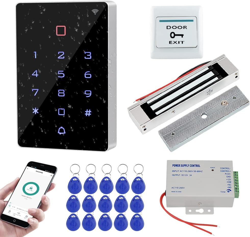 Wifi Tuya RFID Door Access Control System Kit IP68 Waterproof Access Controller Touch Keypad + 180KG Electric Magnetic Lock + K80 3A Power Supply + 15pcs 125KHz Keyfobs