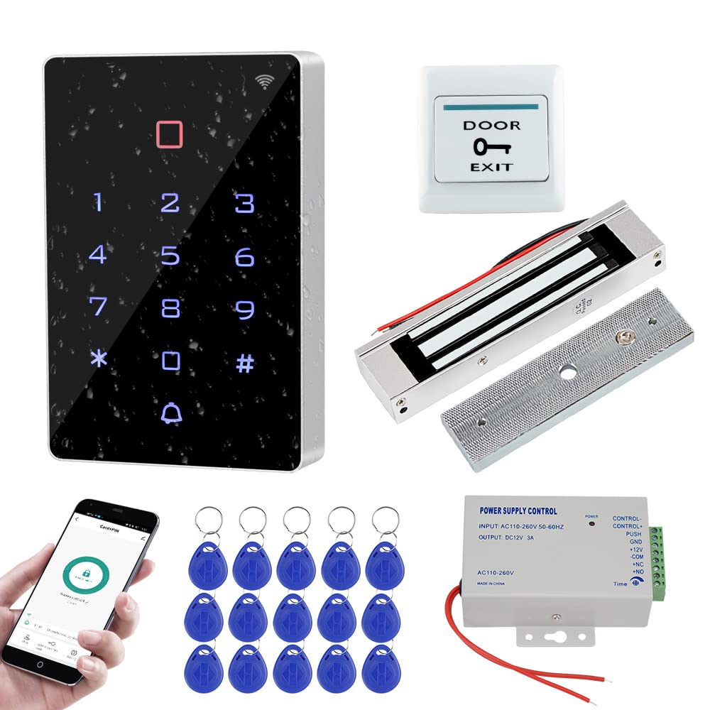 Wifi Tuya RFID Door Access Control System Kit IP68 Waterproof Access Controller Touch Keypad + 180KG Electric Magnetic Lock + K80 3A Power Supply + 15pcs 125KHz Keyfobs