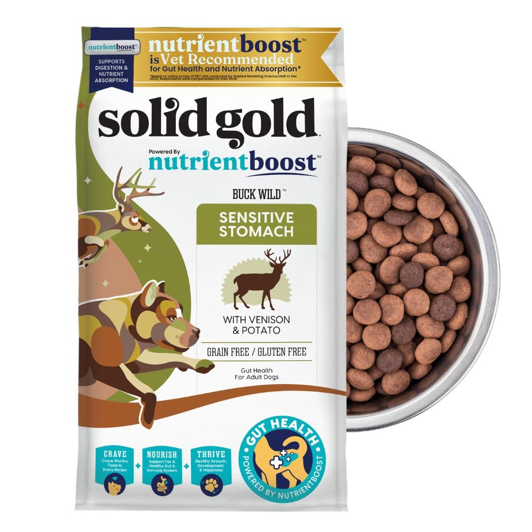 Dry Dog Food for Sensitive Stomachs - Grain Free & Gluten Free w/Venison, Pumpkin & Probiotics for Gut Health & Digestion - Sensitive Stomach Dog Food for All Ages - Nutrientboost – 22LB