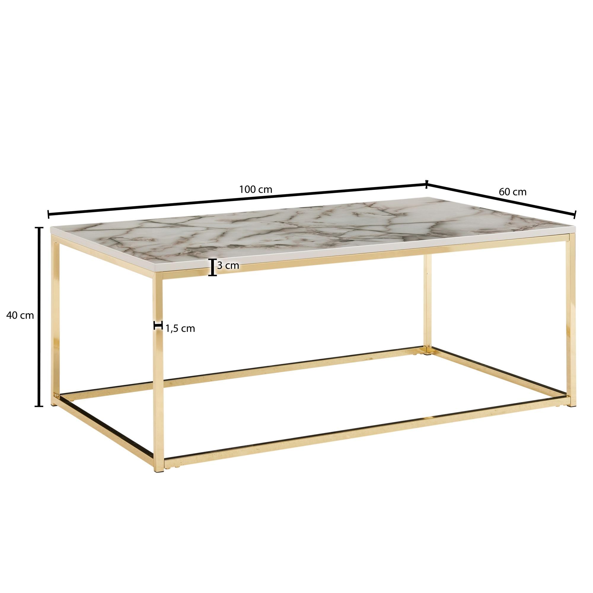 FineBuy Couchtisch 100x60x40 cm Weiß Marmor-Optik, Goldgestell | rechteckiger Wohnzimmertisch pflegeleicht, Sofatisch mit sicherem Stand, Loungetisch für Deko