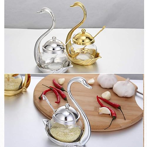 Miniatura 5 de Tarro de condimentos creativo, lindo cuenco de azúcar de cisne europeo para botella de salsa europea, organizador de almacenamiento con cuchara para