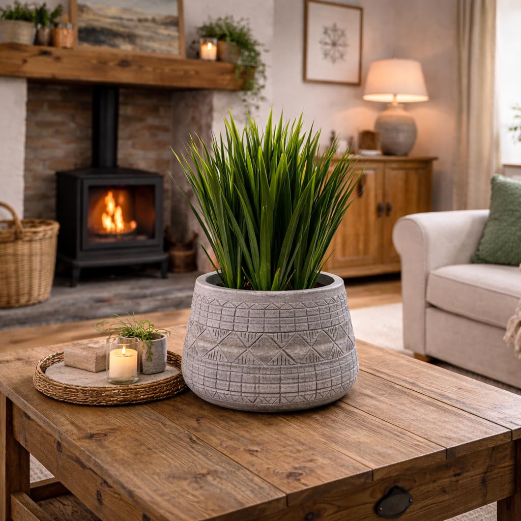 Large Composite Embossed Planter - Grey - 37x37x22cm - Leaf