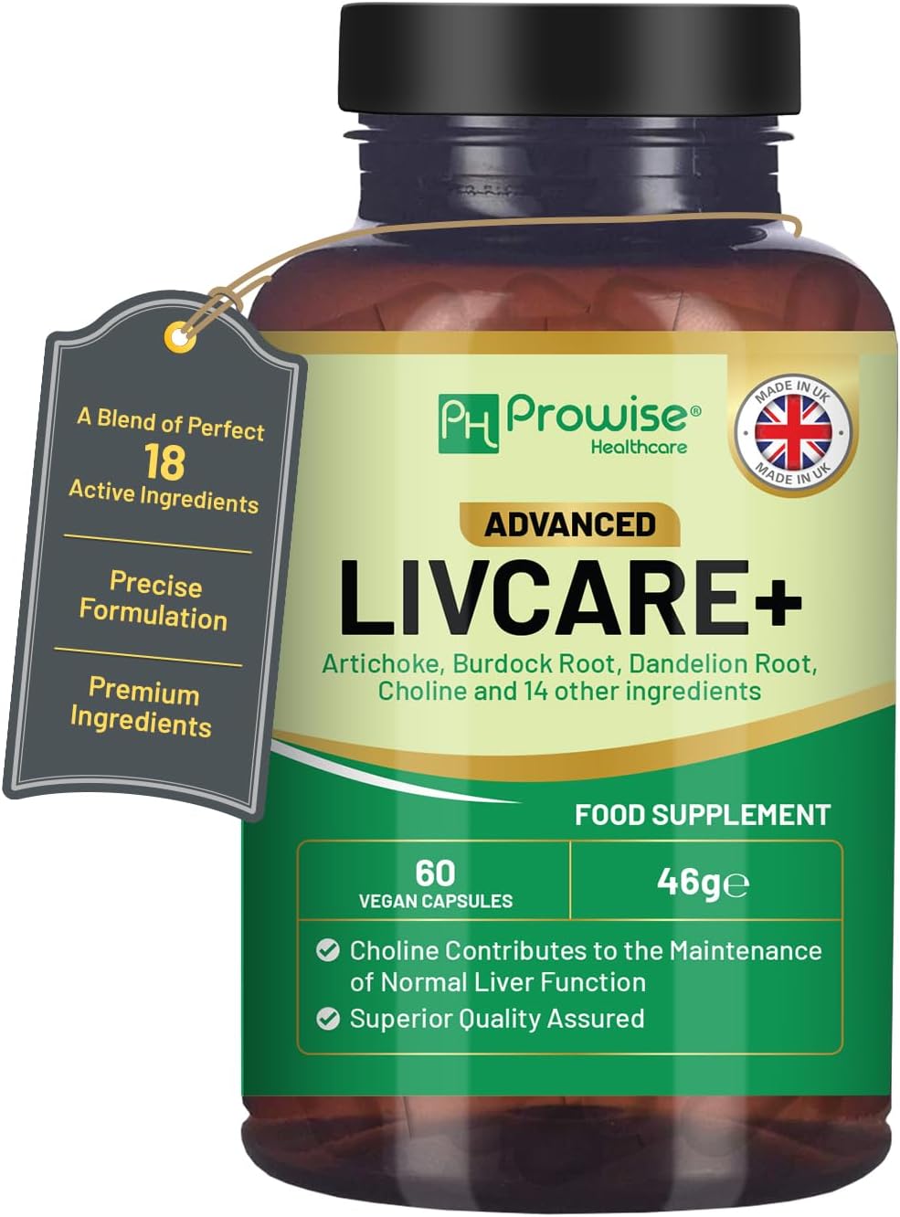 Advanced Livcare+ 60 Capsules | Added with Choline, Artichoke, Burdock Root, Dandelion Root, and 14 Other Active Ingredients | Liver Cleanse Detox and Repair for Men and Women by Prowise