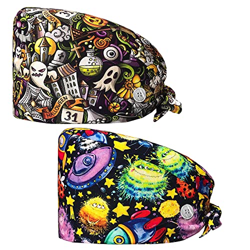 niaahinn 2 Pieces Hospital Work Caps with Buttons Adjustable Sweatband Head Hair Covers Unisex Tie Back Hats Variety of Styles (22210-22211)