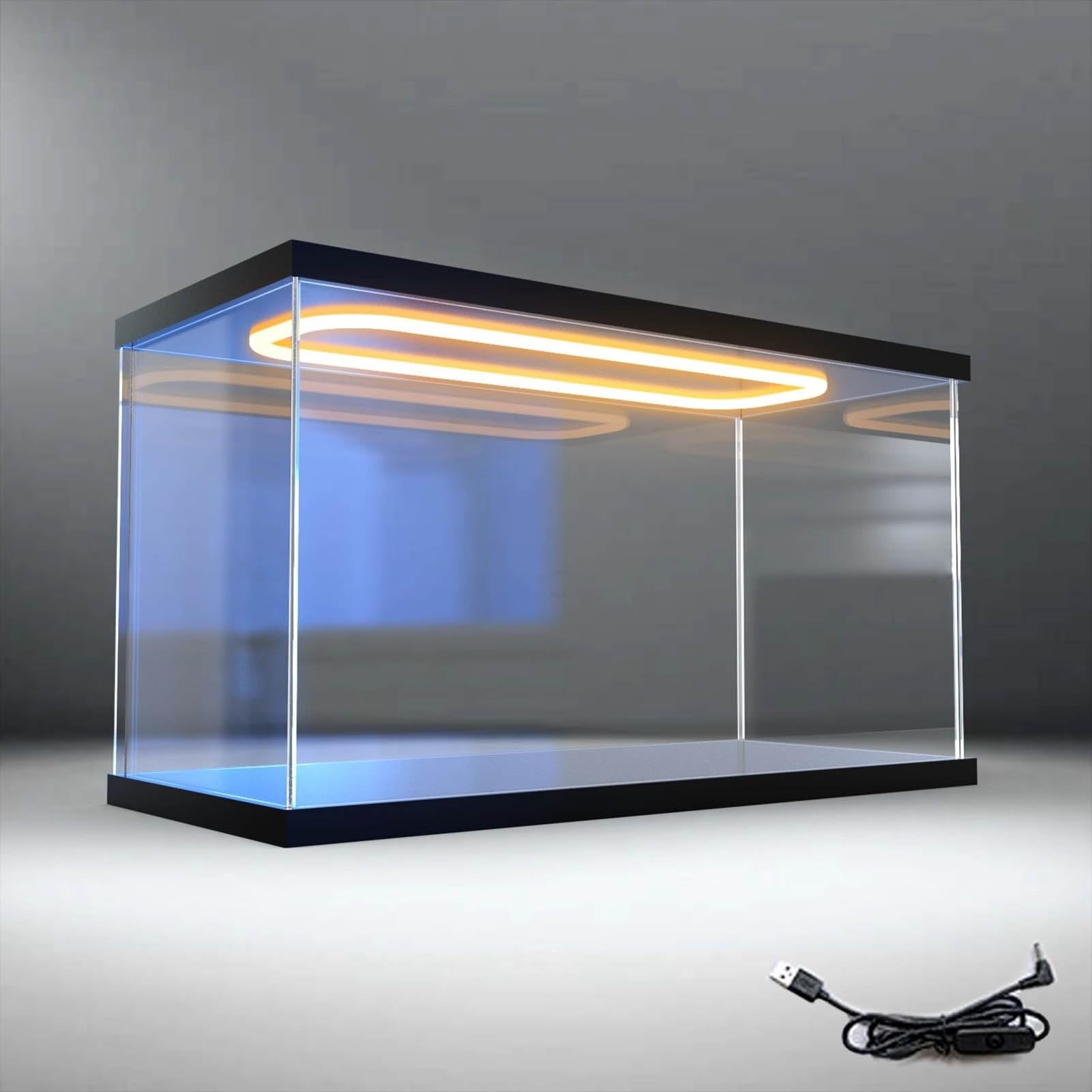STUIJKVSZ LED Light Acrylic Storage Box Clear, Assemble Countertop Display Case with Black Base, High Dust-Proof Minifigures Model Door(25x25x25cm(10"x10"x10"))