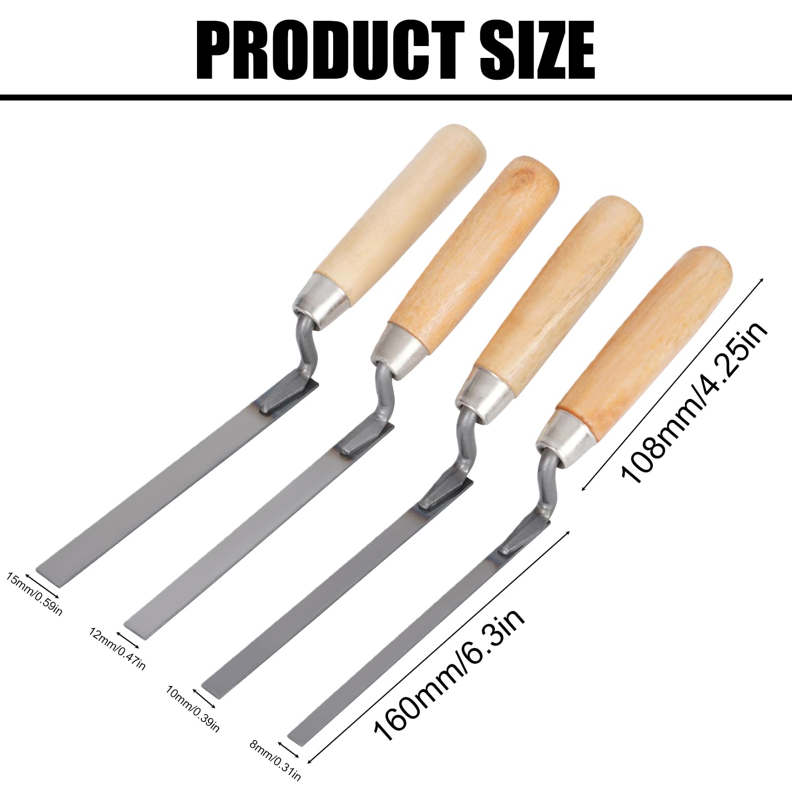 BAIFULAI Set di 4 spatole per fughe, larghezza 8 10 12 15 mm, set di spatole in acciaio al carbonio con manico in legno, lama per fughe, cazzuole per stuccatura mattoni e mattoni clinker