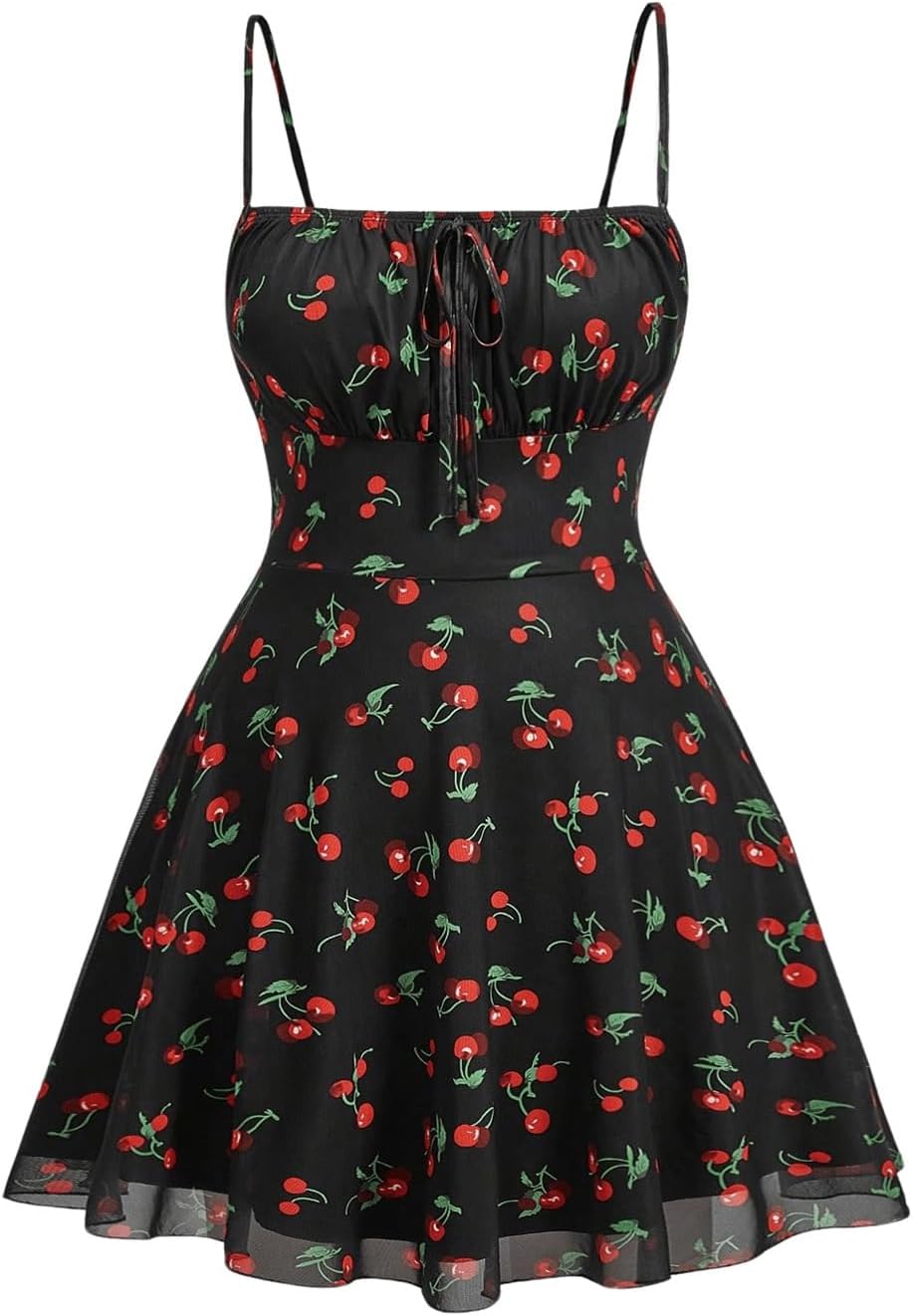 WDIRARA Women's Plus Size Cherry Print Tie Front Ruffle Hem A Line Cami Dress