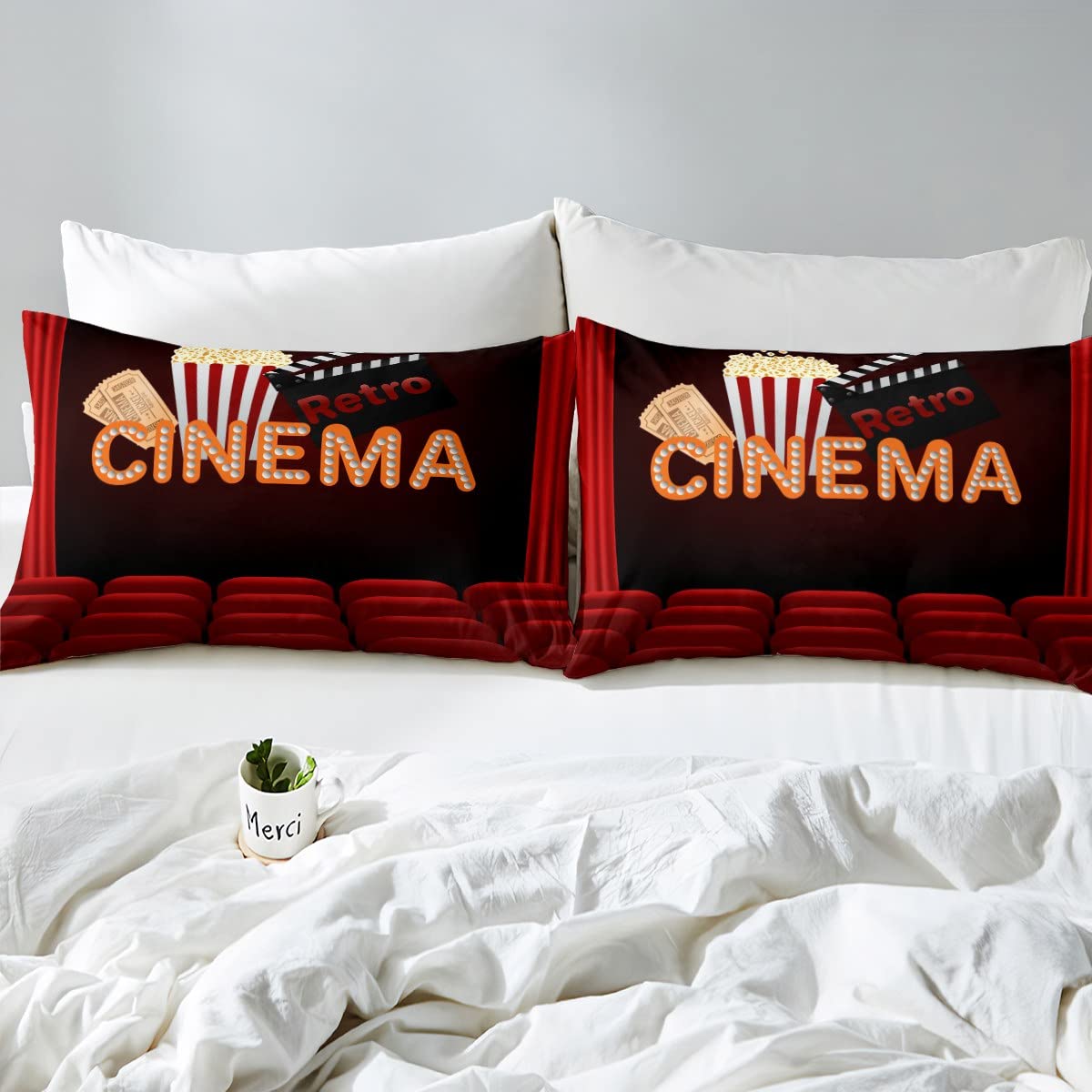 Homewish Juego de Funda de edredón de película Super King,Juego de Ropa de Cama de película de Palomitas de maíz,Retro,Cine,Rojo y Negro,Funda de edredón de Cine de Dibujos Animados,decoraci