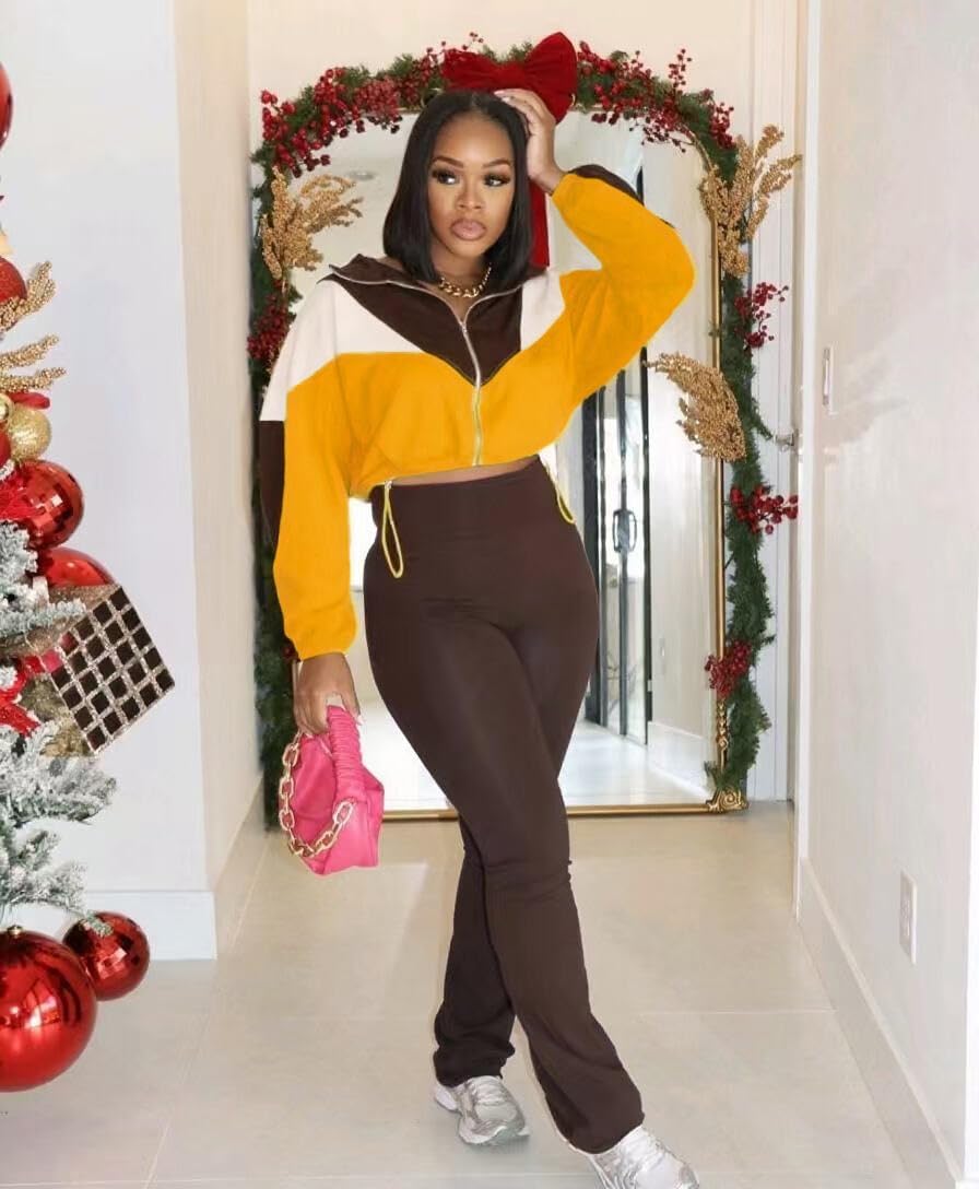 Womens 2 Piece Outfits Sets Casual Jumpsuits Track Suits for Women Set Colorblock Zip Up Cropped Jacket Pants Sweatsuits - Image 5