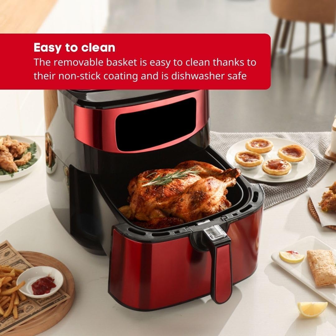 Swiss Pro+ Digital Air Fryer on a kitchen counter, displaying easy-to-use features like pre-programmed settings, cooking timer (1-60 min), and temperature settings (50-200°C).