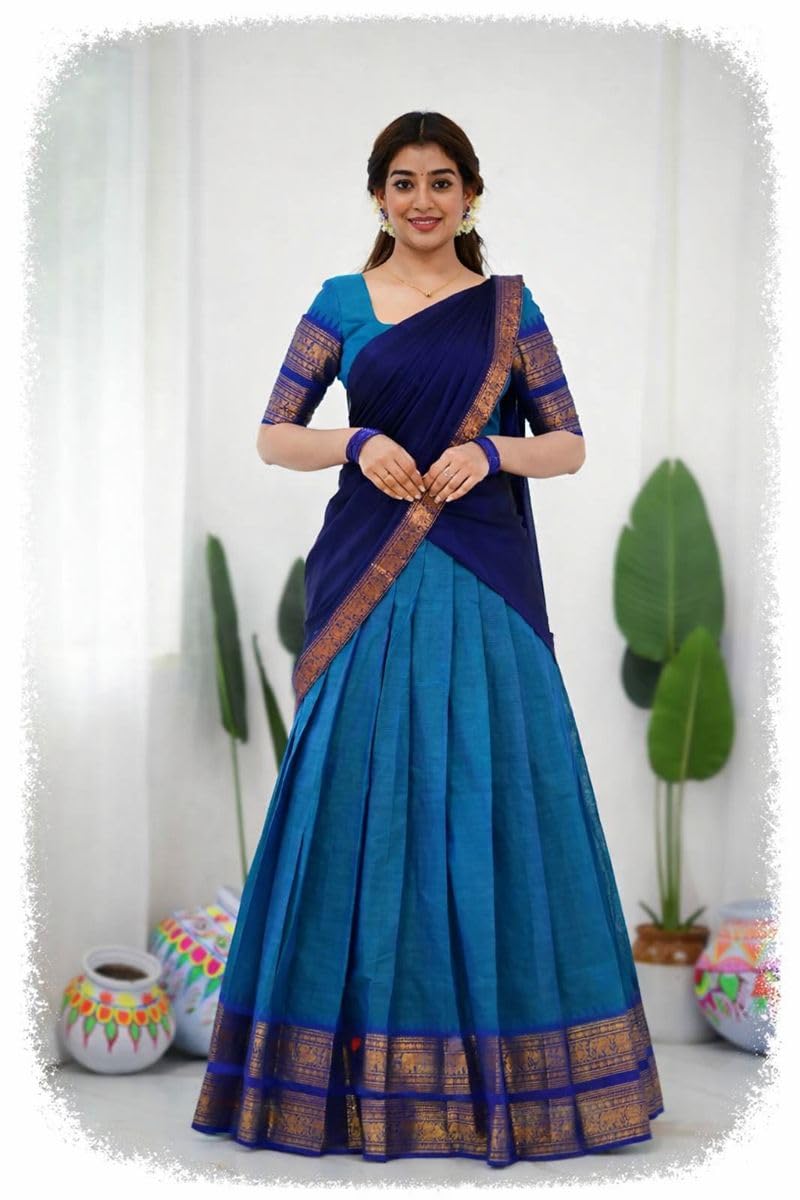 Firozi Color With Blue Dupatta South Indian Style Semi-Stich Traditional Lehenga Choli For Women Half Saree-image-33