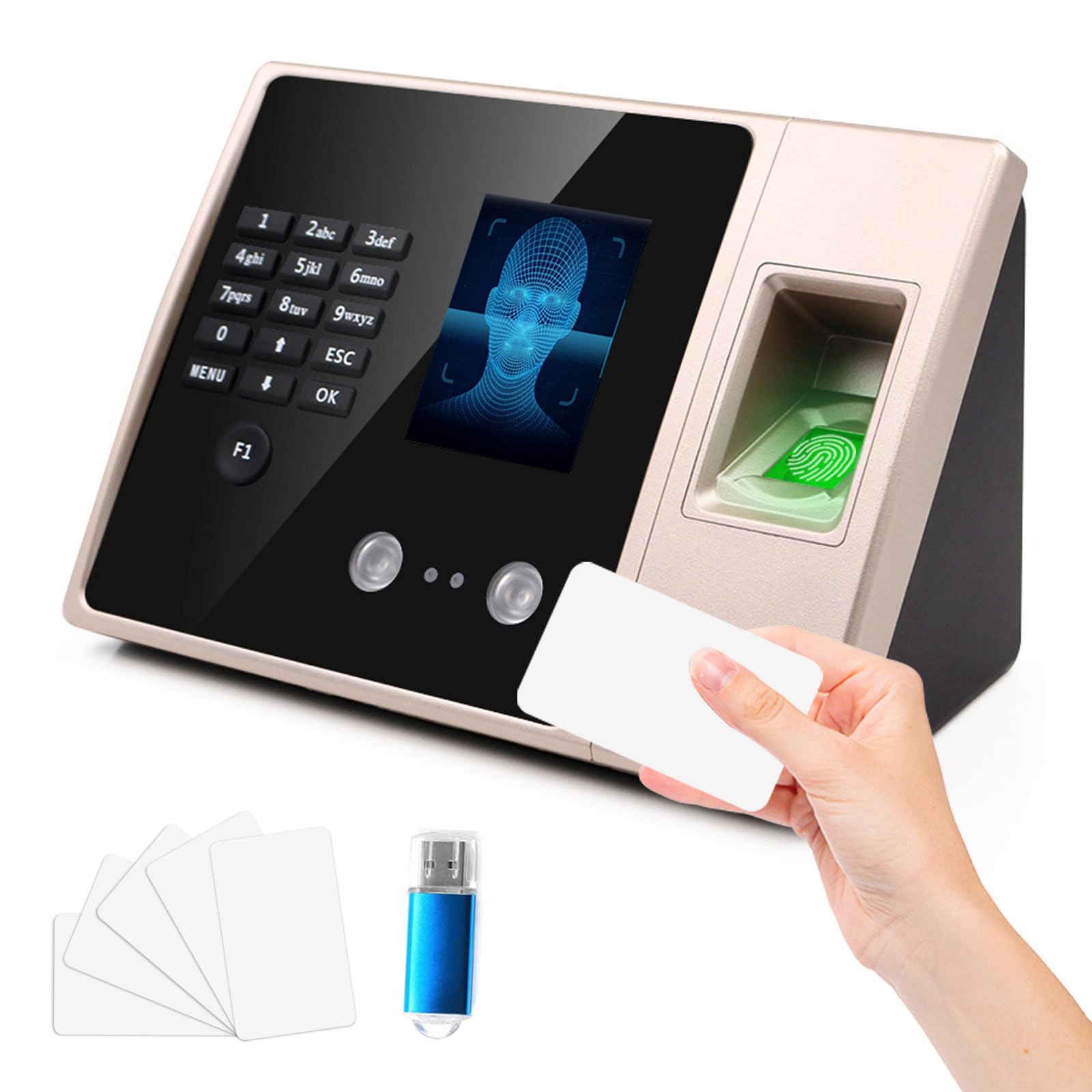 Pointeuse Horaire Personnel 4-en-1, Badgeuse avec Reconnaissance Faciale, Empreinte Digitale, Mot de Passe et Carte, Machine de Pointage Sans Réseau pour Entreprises avec Clé USB