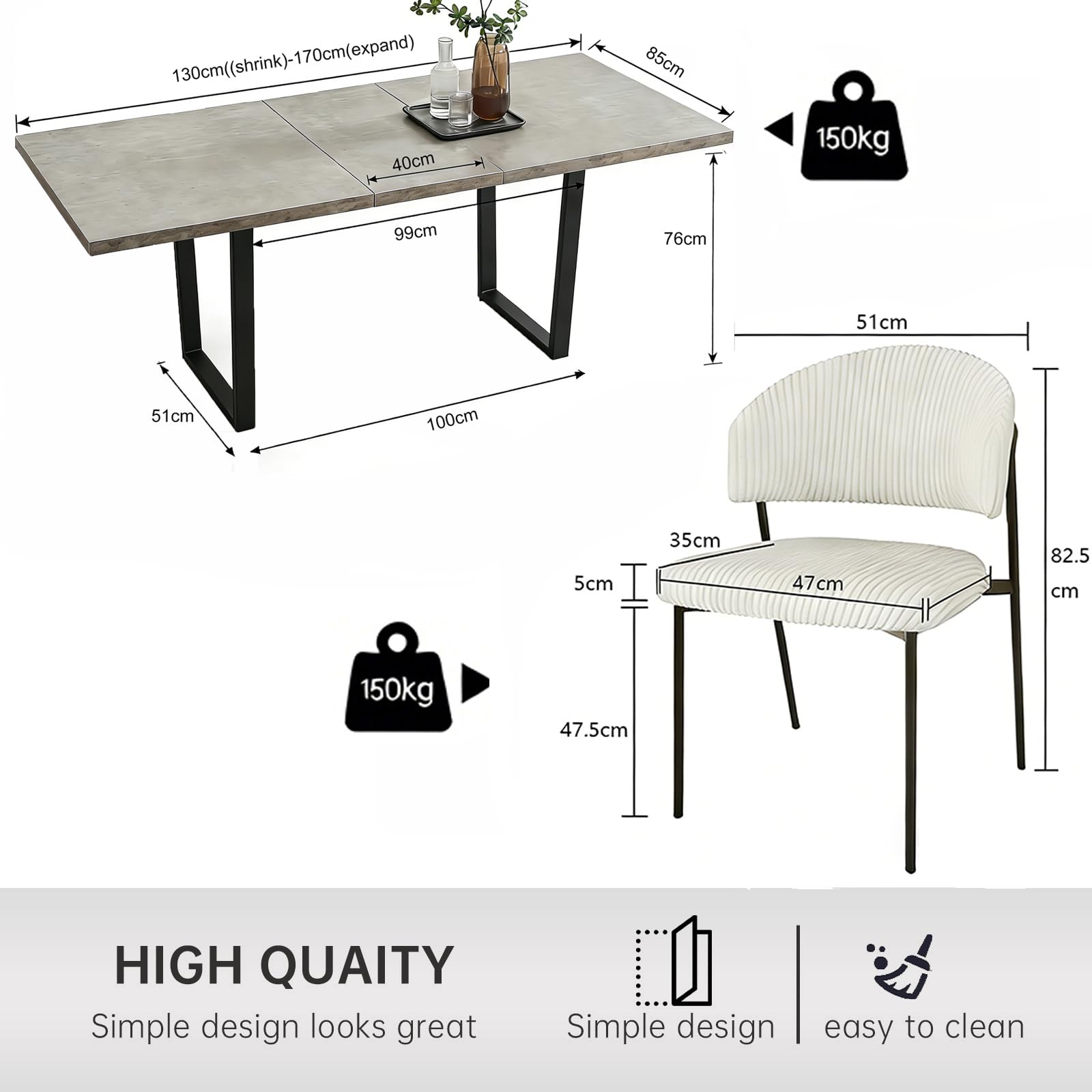 JIEXI Set di 6 tavoli da pranzo allungabili, 130 x 170 cm, 6 sedie in tessuto, superficie rettangolare in MDF e polvere di cemento, stile moderno e contemporaneo, per sala da pranzo e cucina