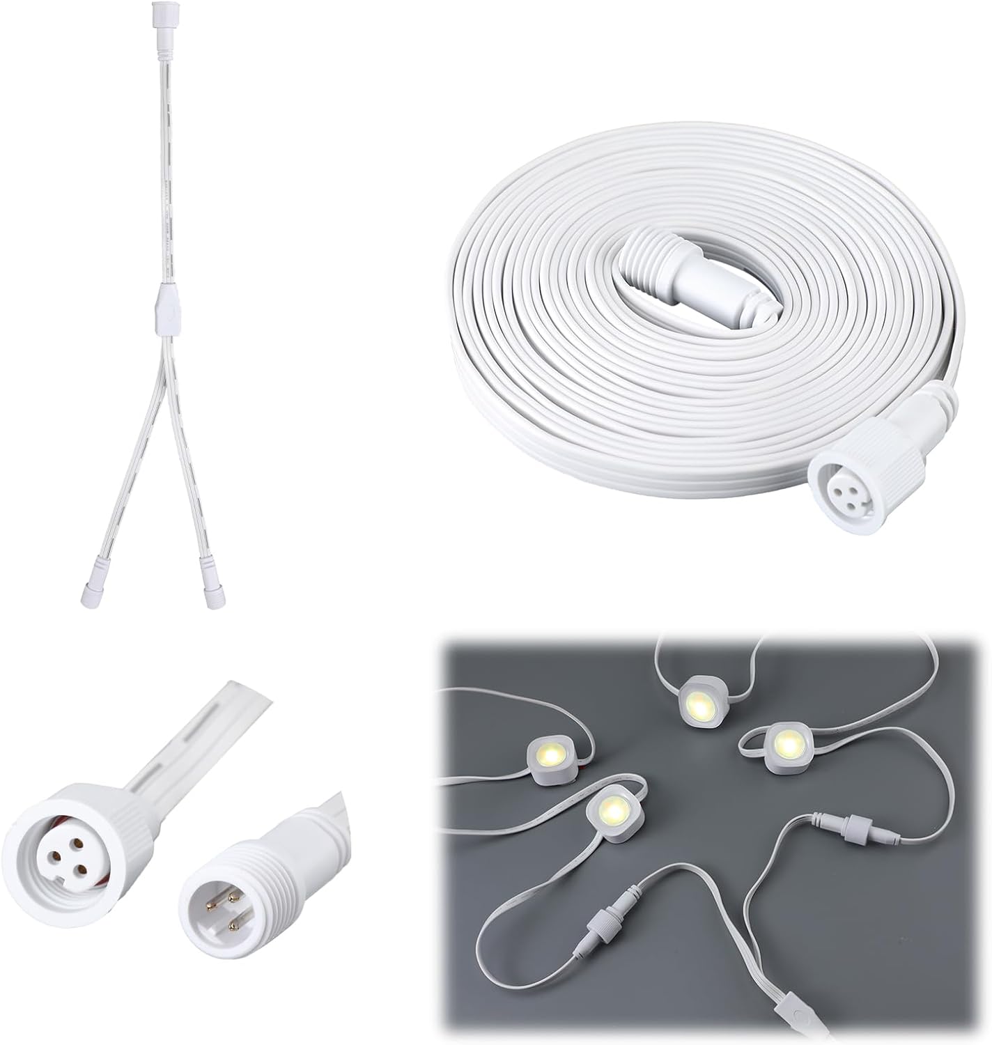 2 Pcs Extension Cable Kit Compatible with Govee Permanent Outdoor Light 3 Pins Y Splitter Cord Straight Extension Compatible with Govee H705 H706 H805 Weatherproof Patio Yard (13 ft,White) 13 ft White 2