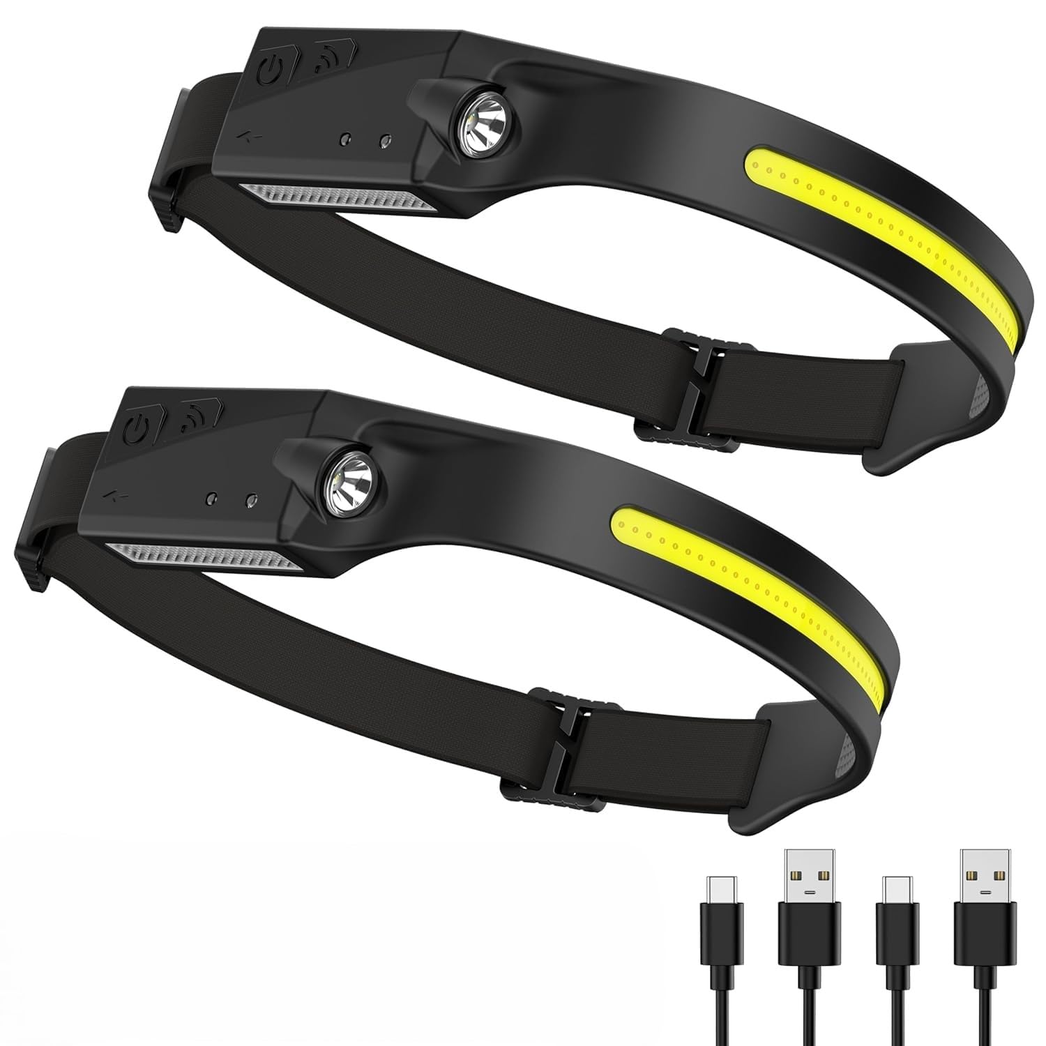 Rechargeable LED Headlamp, 2 Pack 350 Lumens Head Torch with 270° Wide Beam, Motion Sensor, 4 Light Modes, USB-C Charging, IPX4 Waterproof for Running, Fishing, Night Repair & Outdoor Activities