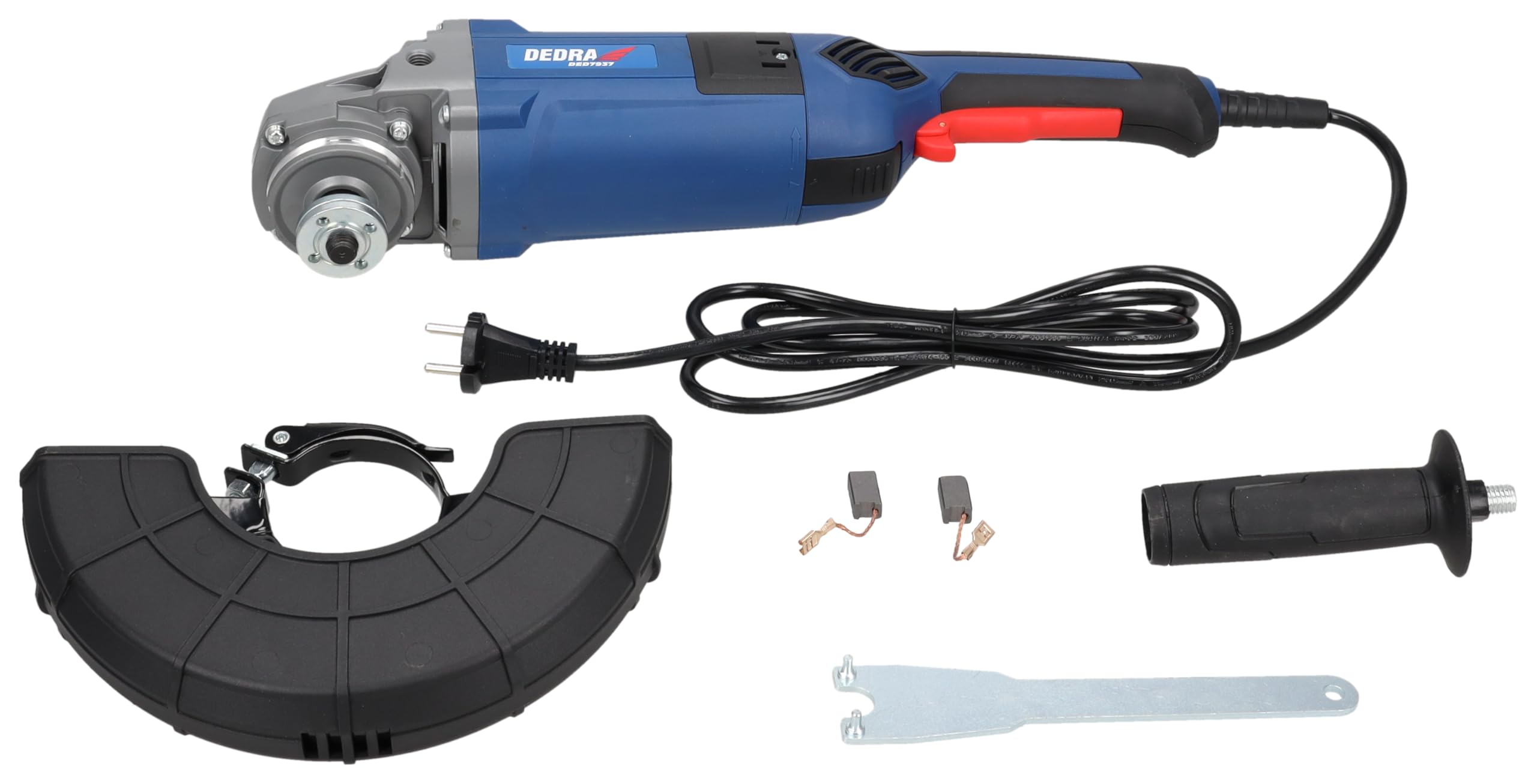Szlifierka kątowa DEDRA DED7937 z systemem łagodnego rozruchu Ø 230 mm, mocna 2100 W, wysoka prędkość 6500 obr./min, softgrip, waga 5,1 kg, dodatkowy uchwyt, uniwersalny gwint M14