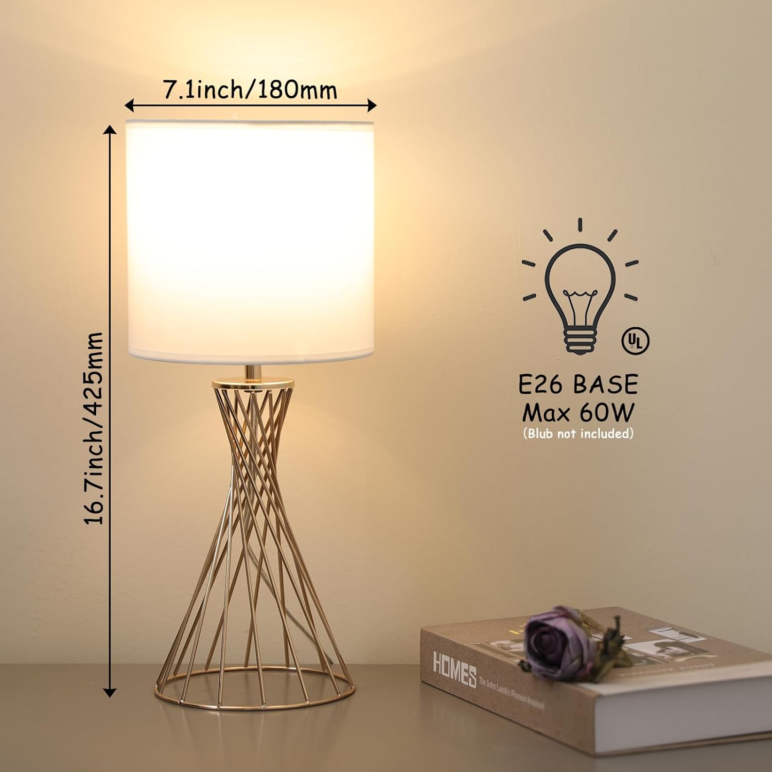 Gold Table Lamp, Modern Bedside Lamp for Nightstand, Small lamp for Bedroom, Metal Geometric Hollow Out Base with White Fabric Shade