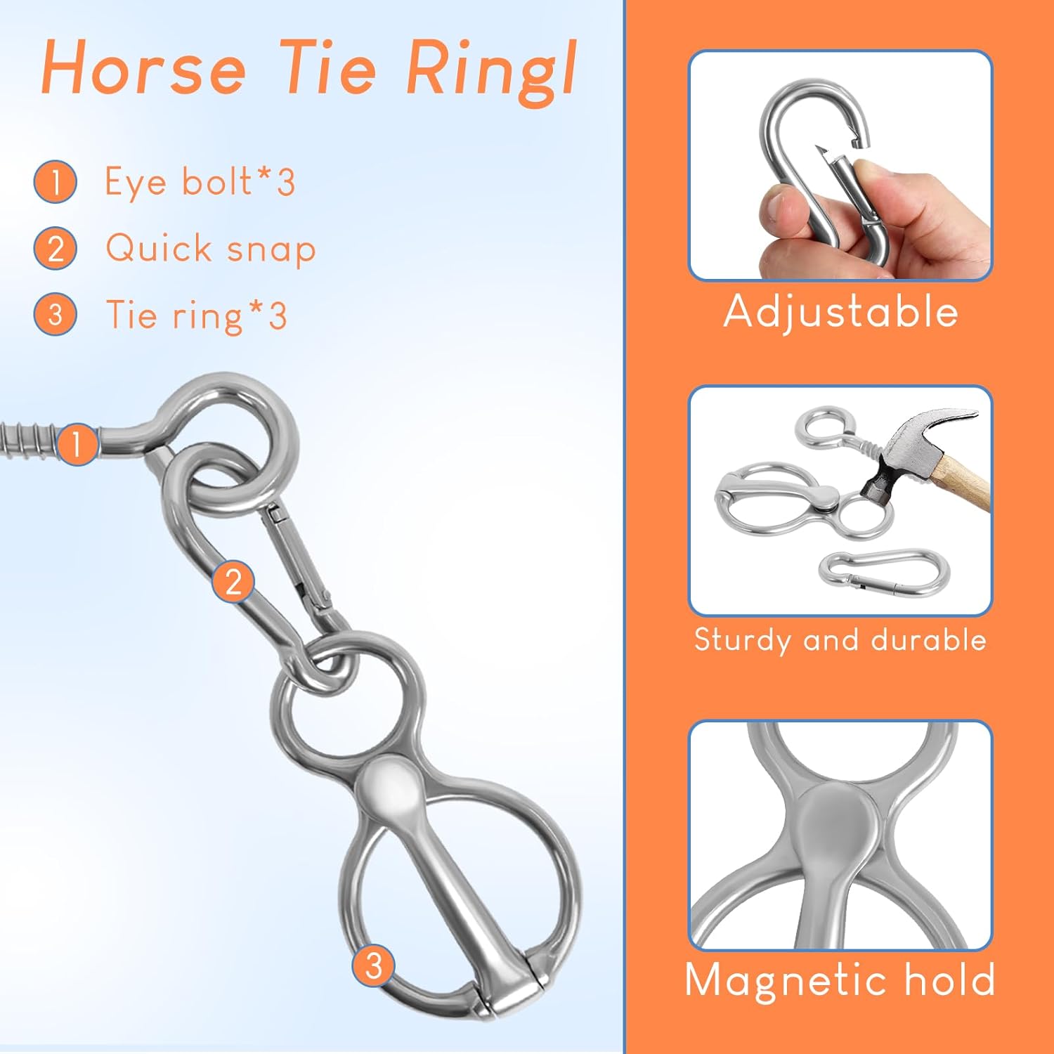 Horse Tie Ring, Upgraded 4 Sets Horse Tack and Supplies, 304 Stainless Steel Safe Horse Accessories Training Equipment with Eye Bolt and Snaps Saddle