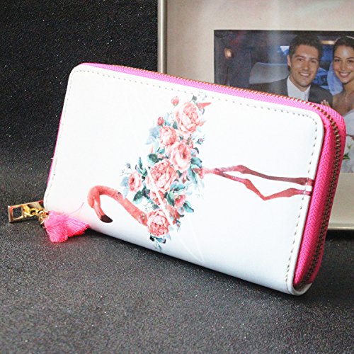 Timlee Cute Rainbow Unicorn Long Wallets Long Purse Flower Flamingo Wallet For Girls Christmas Gift Women with Pink Tassels(Flamingo White)3