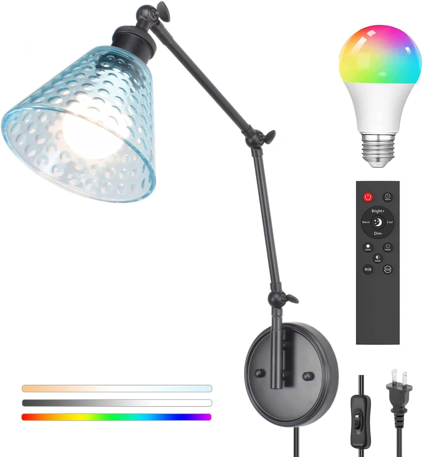 Swing Arm Wall Sconce, Polka Dots Glass Lampshade, Adjustable Brightness Temperature Wall Lamp with Remote Control LED Bulb, Plug-in or Hardwire Modern Light Fixture for Living Room, Bedroom