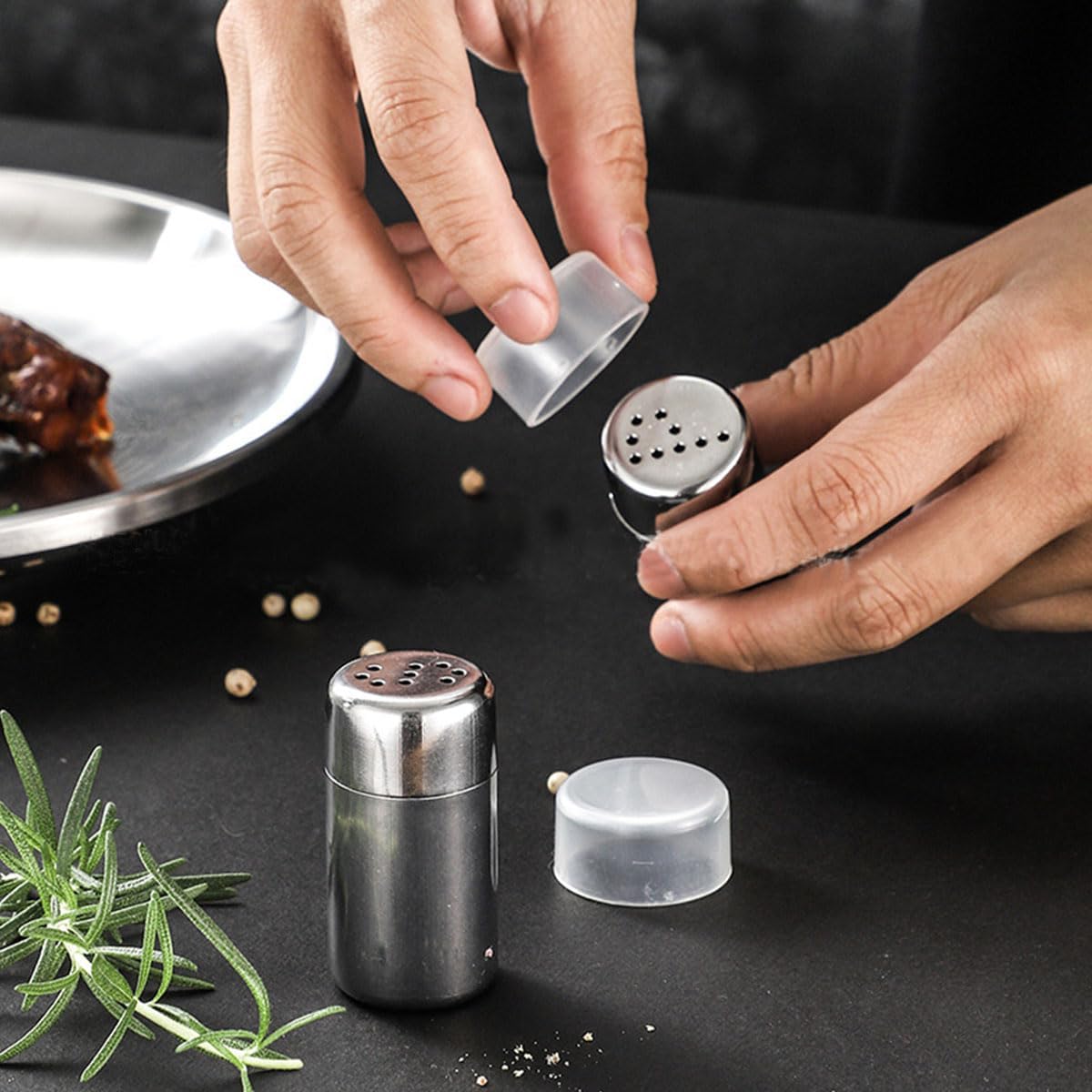 2-Pack Mini Salt Pepper Shaker,5ml Salt and Pepper Shaker with Lid,Stainless Steel Spice Jars Seasoning Dispenser for Salt Sugar Spice Pepper (Silver, Small)