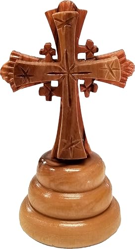 Miniatura 6 de Combo de cruz de Jerusalén de pie de madera de olivo de Tierra Santa de Israel, mediano, cruz tallada a mano en soporte, 4.25 pulgadas