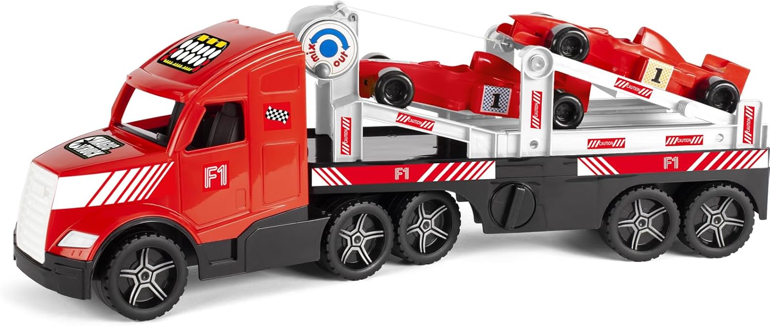 Wader 36241 Magic Truck Formula 1 Transporter with Winch, Size Approx. 79 cm, for Children from 3 Years, Suitable as a Gift for Creative Play