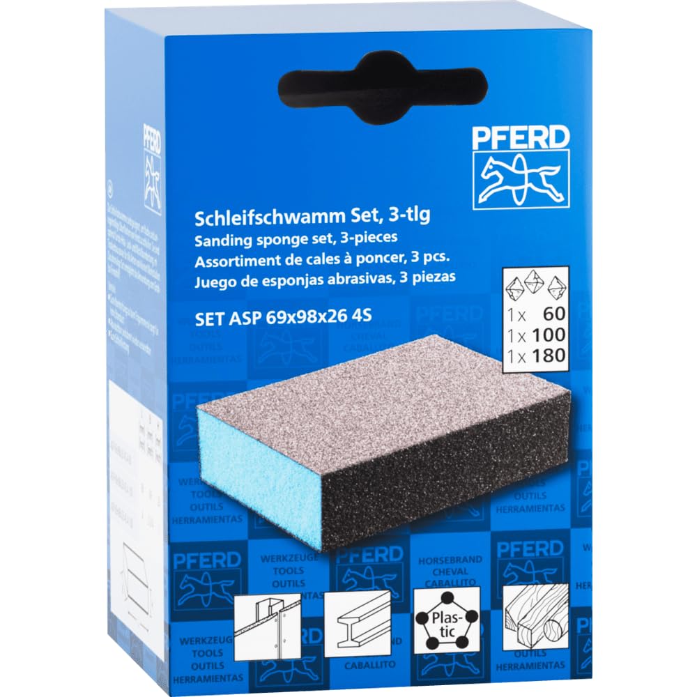 PFERD Sanding Sponge Set of 3, 4-Sided Abrasive Block, 2-3/4" x 4", 60/80/180 Grit, Aluminum Oxide