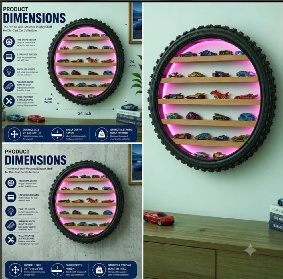 Image of Wooden Wall Shelf Display Rack for 1:64 Scale Die-Cast Cars, Pink