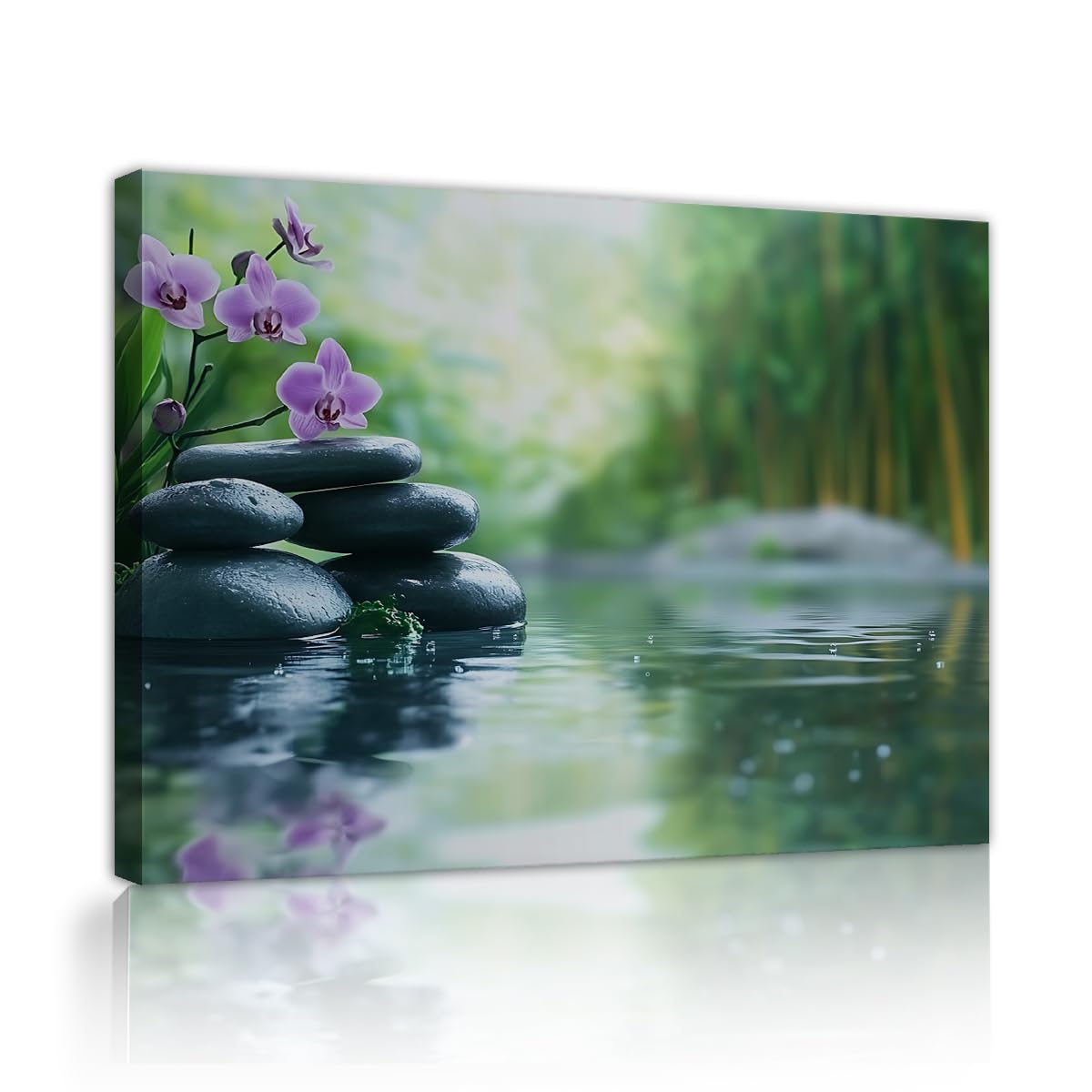 TOANGWALL Nature Spa Basalt Stones Orchid Canvas Wall Art Bathroom Green Purple Bamboo Water Scenery Wall Prints for Salon Hotel Decor 85x100cm