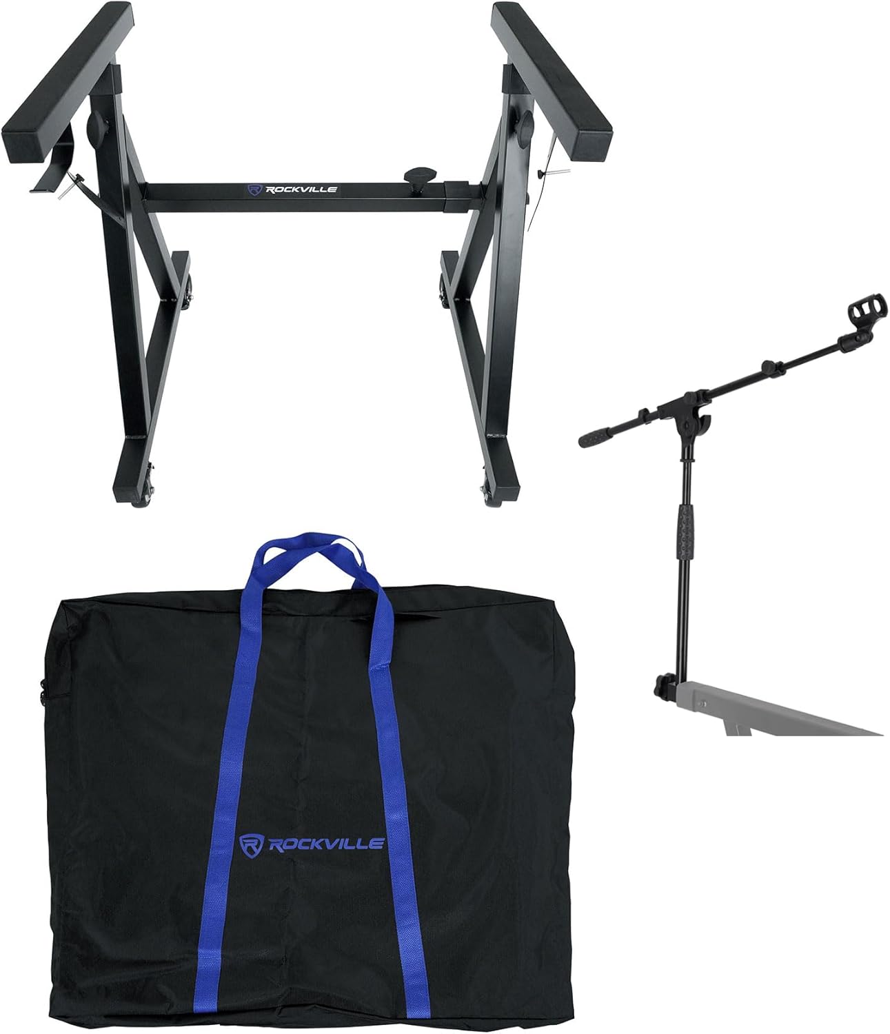 Rockville Z40W Bundle: Z-Style Pro Keyboard Stand With Lockable Wheels And Travel Bag, Zms Microphone Boom Stand Attachment For Z-Stands, 2-Items