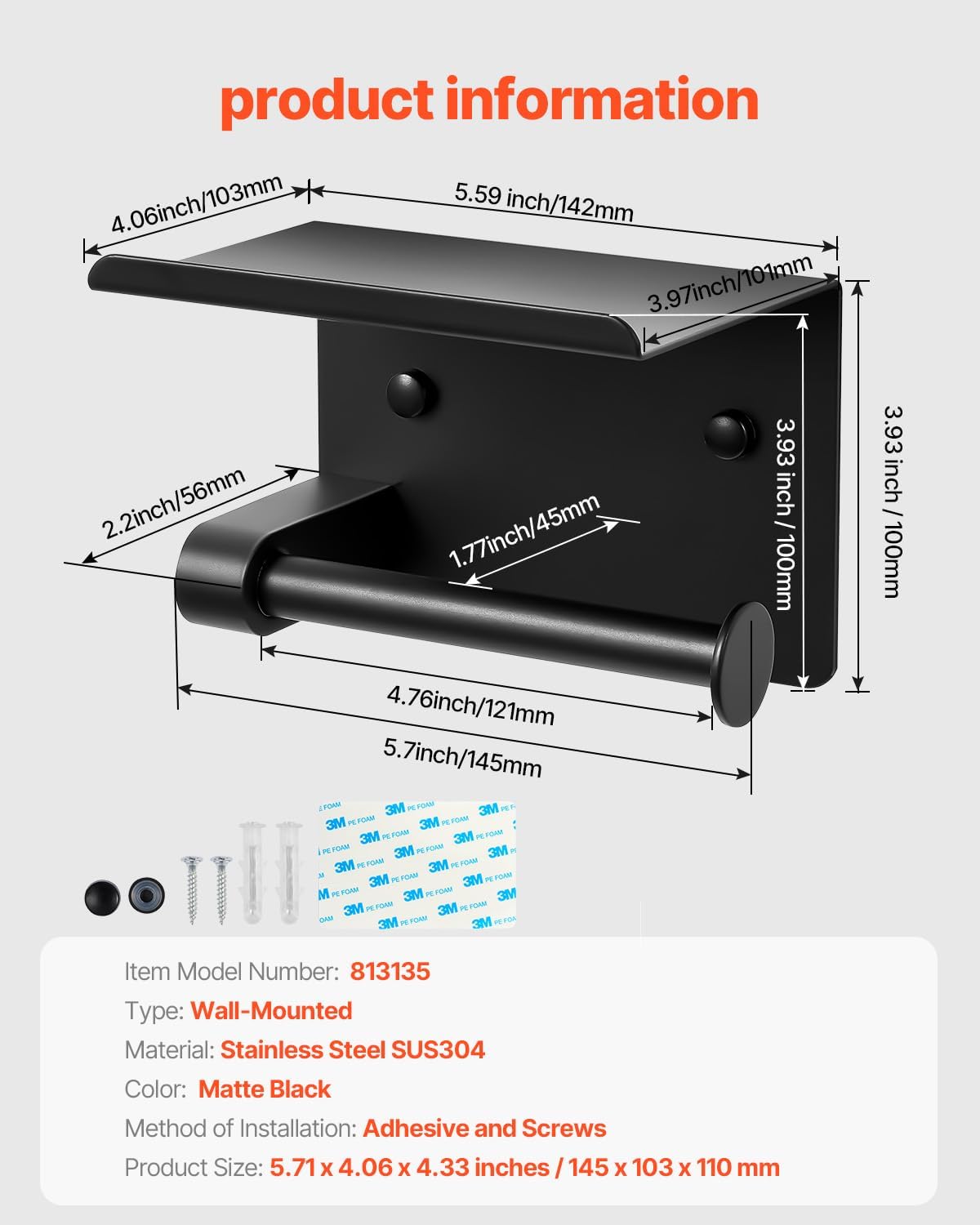 VEVOR Toilet Paper Holder with Shelf, Fits Mega Rolls Size, Stainless Steel Rustproof Material, Wall Mounted with Screws and Double-Sided Tape, Toilet Roll Tissue Holder for Bathroom, Matte Black