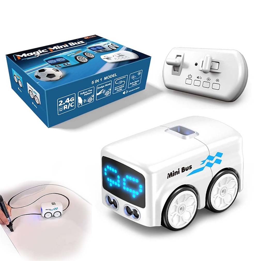 Magic Mini Rc Bus, Magischer Mini Ferngesteuertes Bus, 2026 Upgraded RC Sensorfahrzeug, Automatische Vermeidung Patrouille Linie Fahren Desktop Spielzeug Auto mit LED-Ausdruckslicht für Kinder (Weiß)