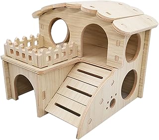 Ankexin Wooden Hamster House Hideout Hut Double Layer Rat Hideaway Cute Exercise Toy for Small Animals Dwarf Mouse Easy Assembly