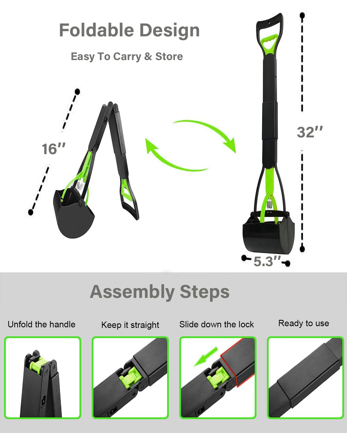 Lot de 2 trottinettes à déjections canines de 81,3 cm de long avec poignée sans contact pour grands chiens et petits chiens, outil portable pour ramasser les déjections canines de grande