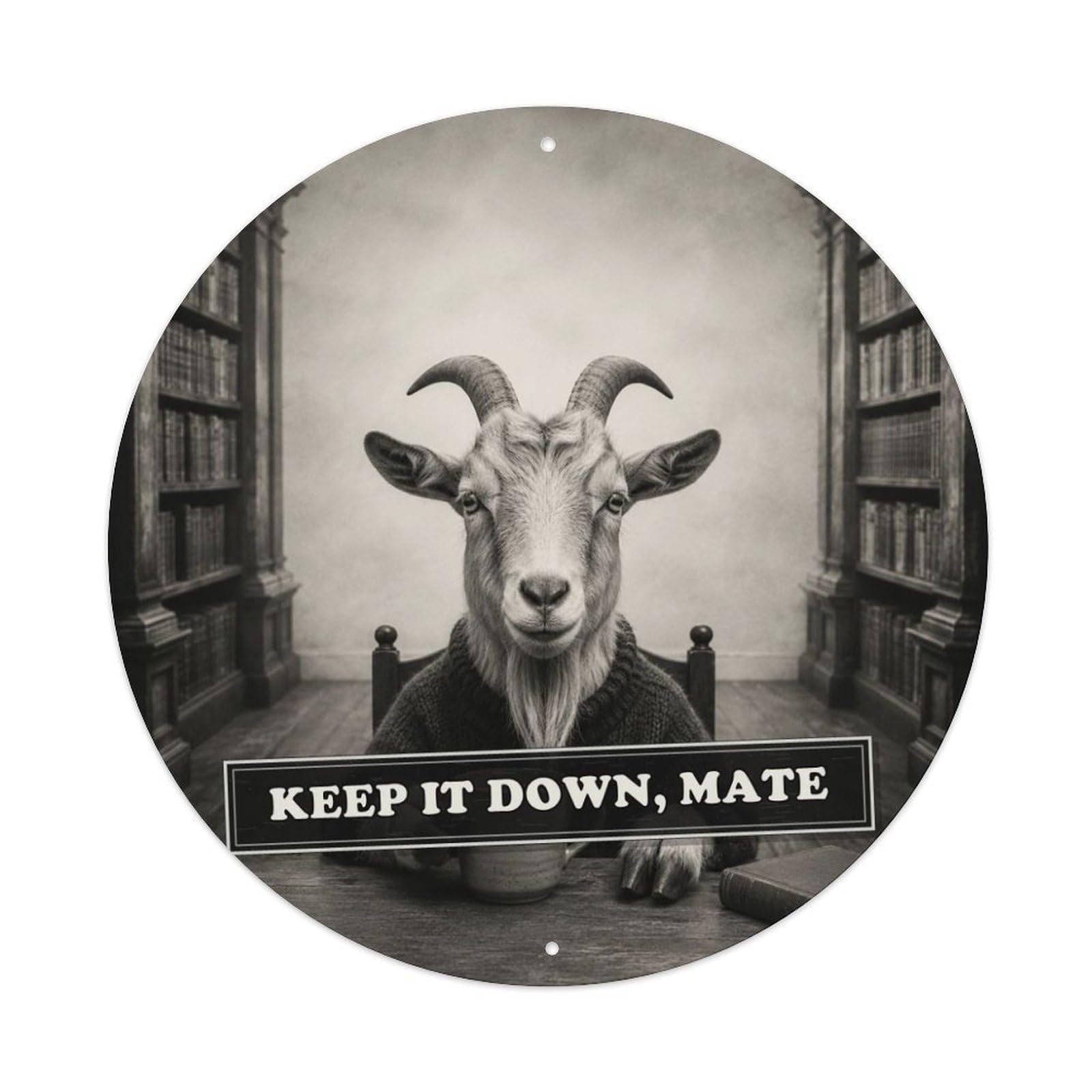 Animal Goat Library Anthropomorphic Farm Social Satire Fable Metal Tin Sign Plaque Wall Decor for Cafe, Man Cave, Club Bar, Office, Home Garden Round Metal Poster 8x8Inch