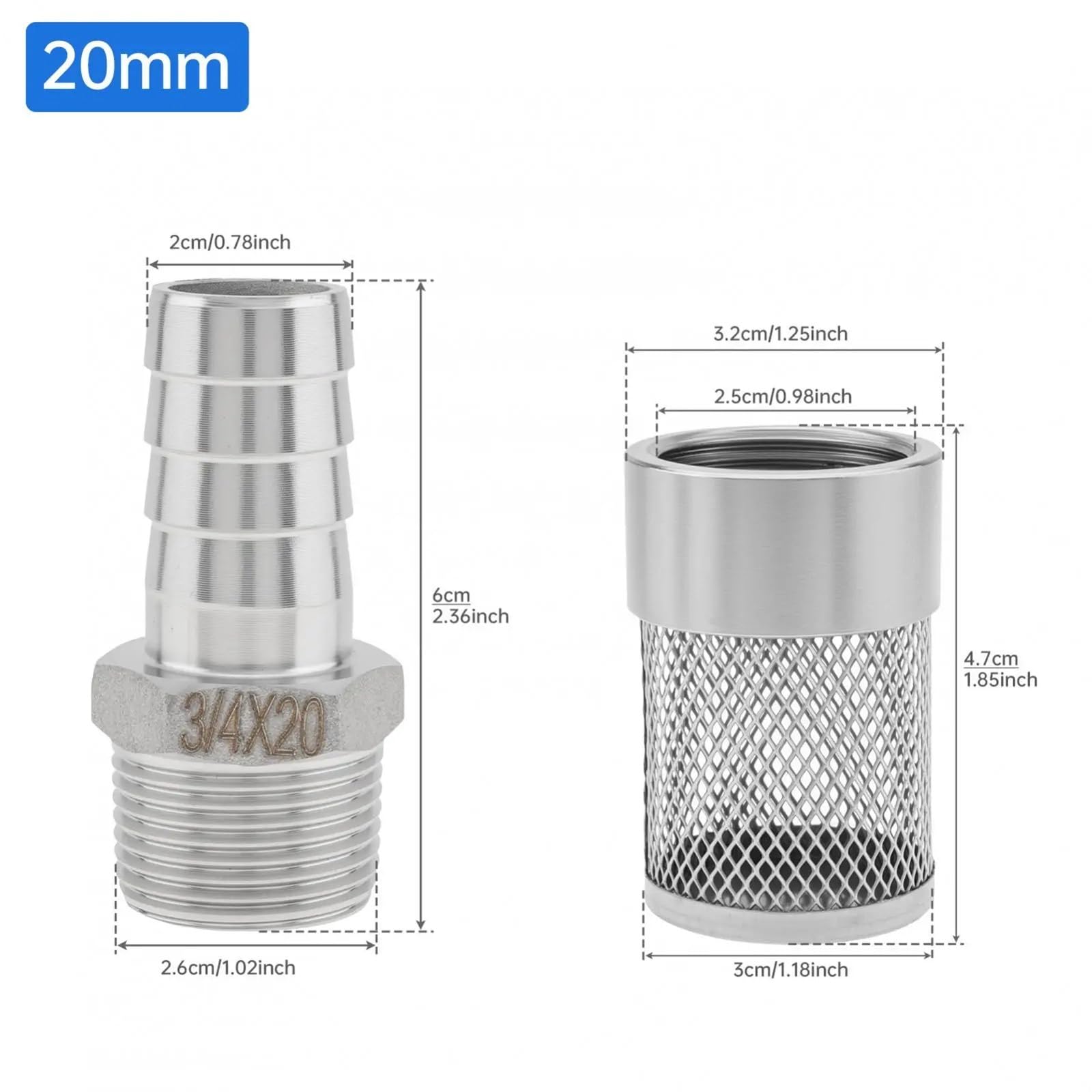 Myjka ciśnieniowa, filtr z króccem do węża ze stali nierdzewnej 2 szt. 10-25 mm siatka wlotowa pompa irygacyjna opryskiwacz paliwo gazowe(Size-20mm,Size-20mm)