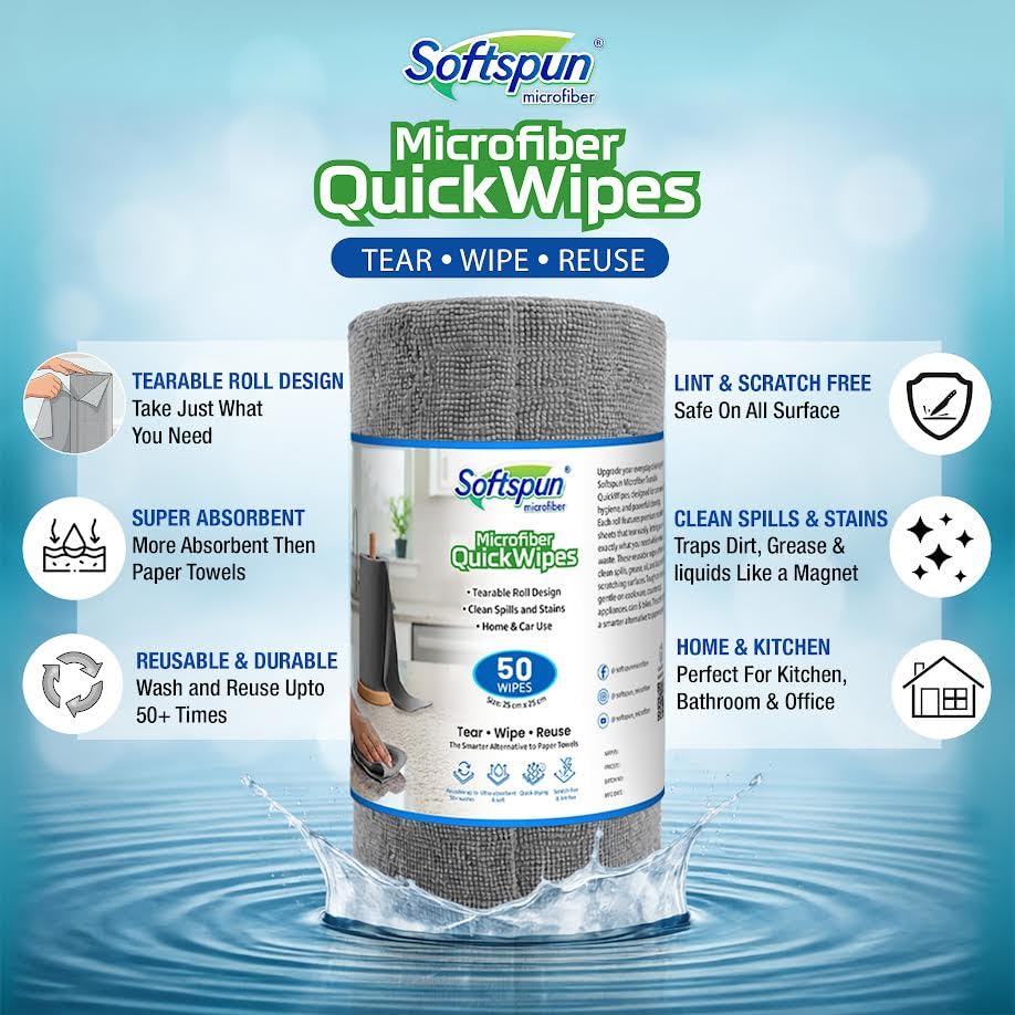 Image of SOFTSPUN Microfiber Cleaning Roll -50 Quick Wipes, 10X Cheaper Than Paper Kitchen Roll Reusable & Lint-Free Cloth for Kitchen, Glass & Home Cleaning | 25x25 cm (Grey)