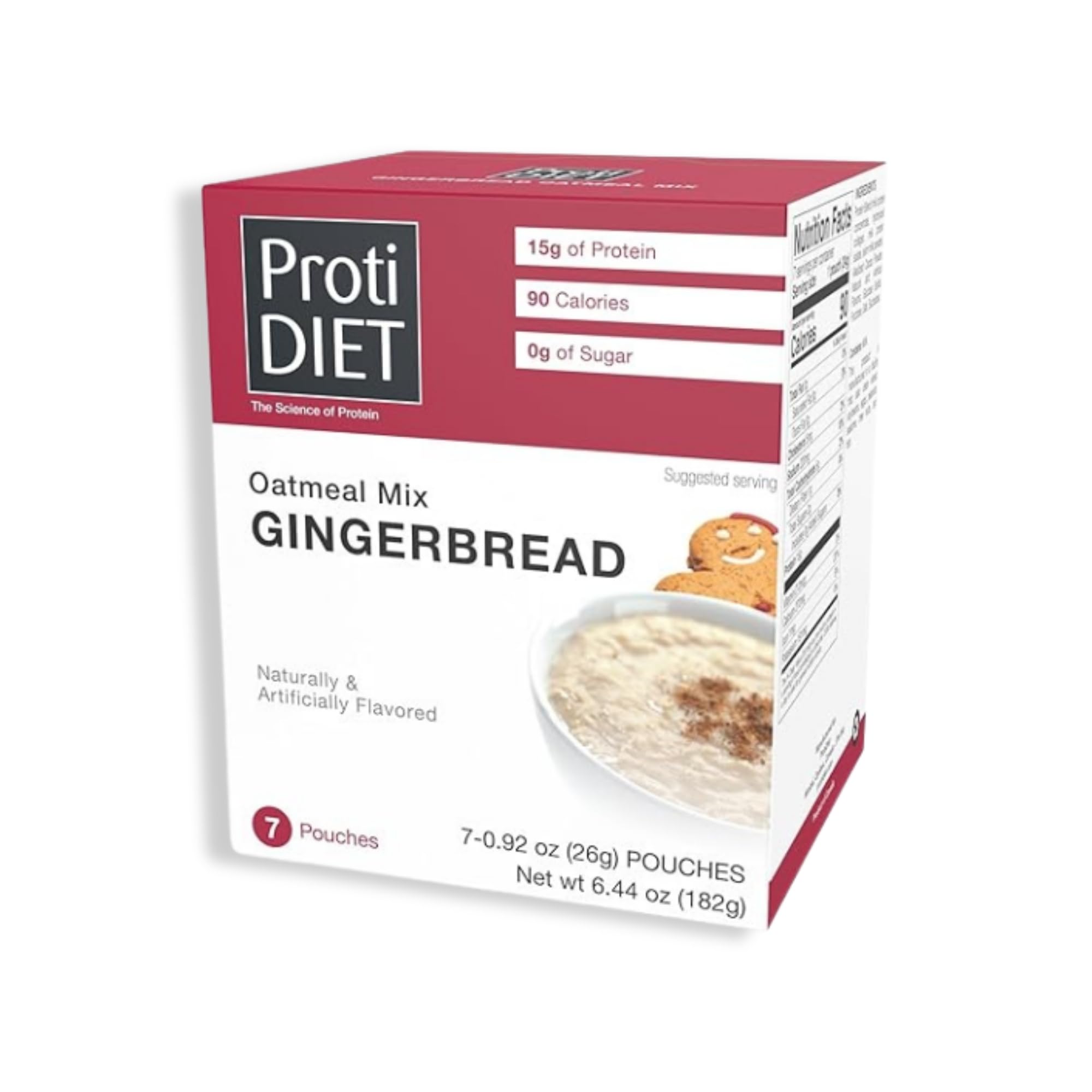 ProtiDiet High Protein Gingerbread Oatmeal - 15g Protein - Low Fat, Sugar Free Instant Oatmeal for a Satisfying and Nutritious Breakfast with Essential Nutrients - 7 Packets Per Box