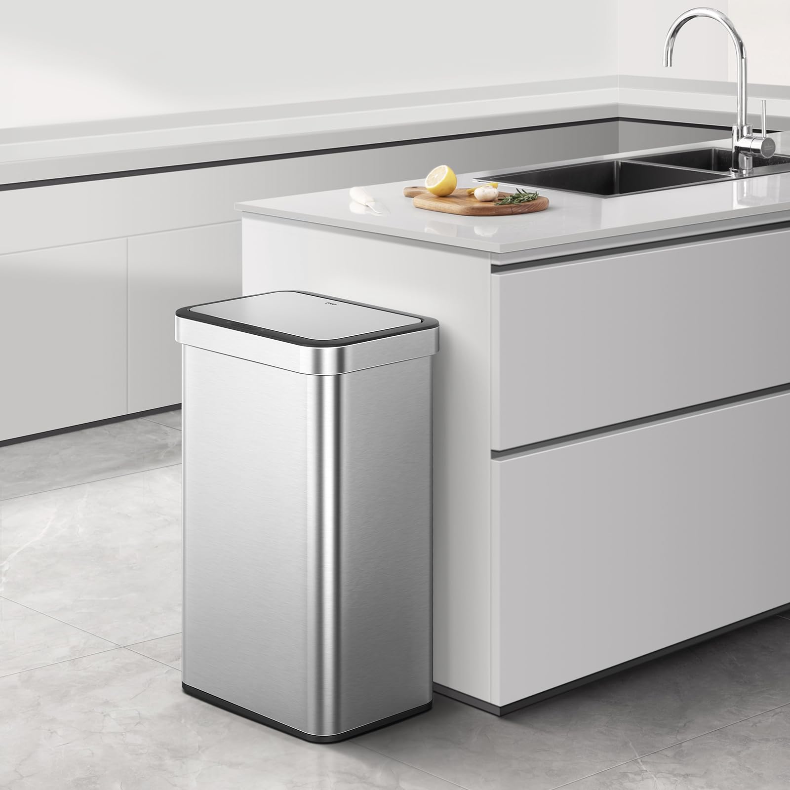 EKO Econova Mirage Cubo Basura Reciclaje para Cocina 30 L + 30 L con Sensor | Sensor de Movimiento, Acero Inoxidable Cepillado, 2 Compartimientos, Cierre Silencioso, Para Cocina