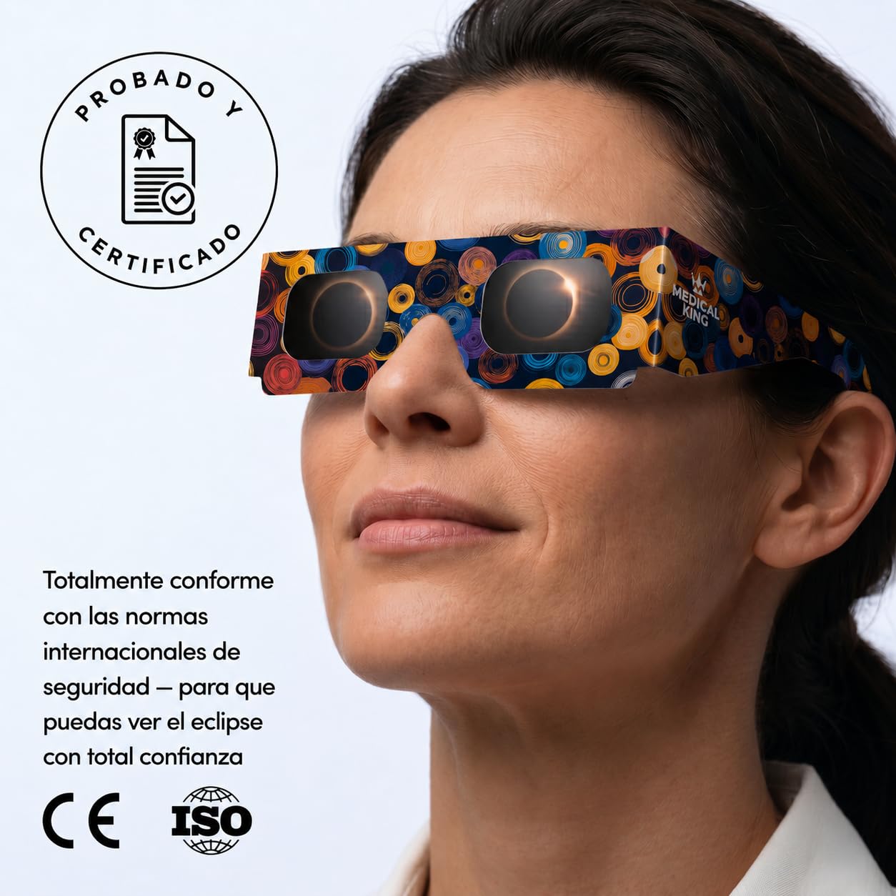 Medical king Gafas Eclipse Solar Homologadas ISO 12312-2 - Viene Con 2 Lentes Fotográficos Para Smartphone Aprobados según la norma ISO, con certificación CE: Gafas para ver eclipses solar 2026