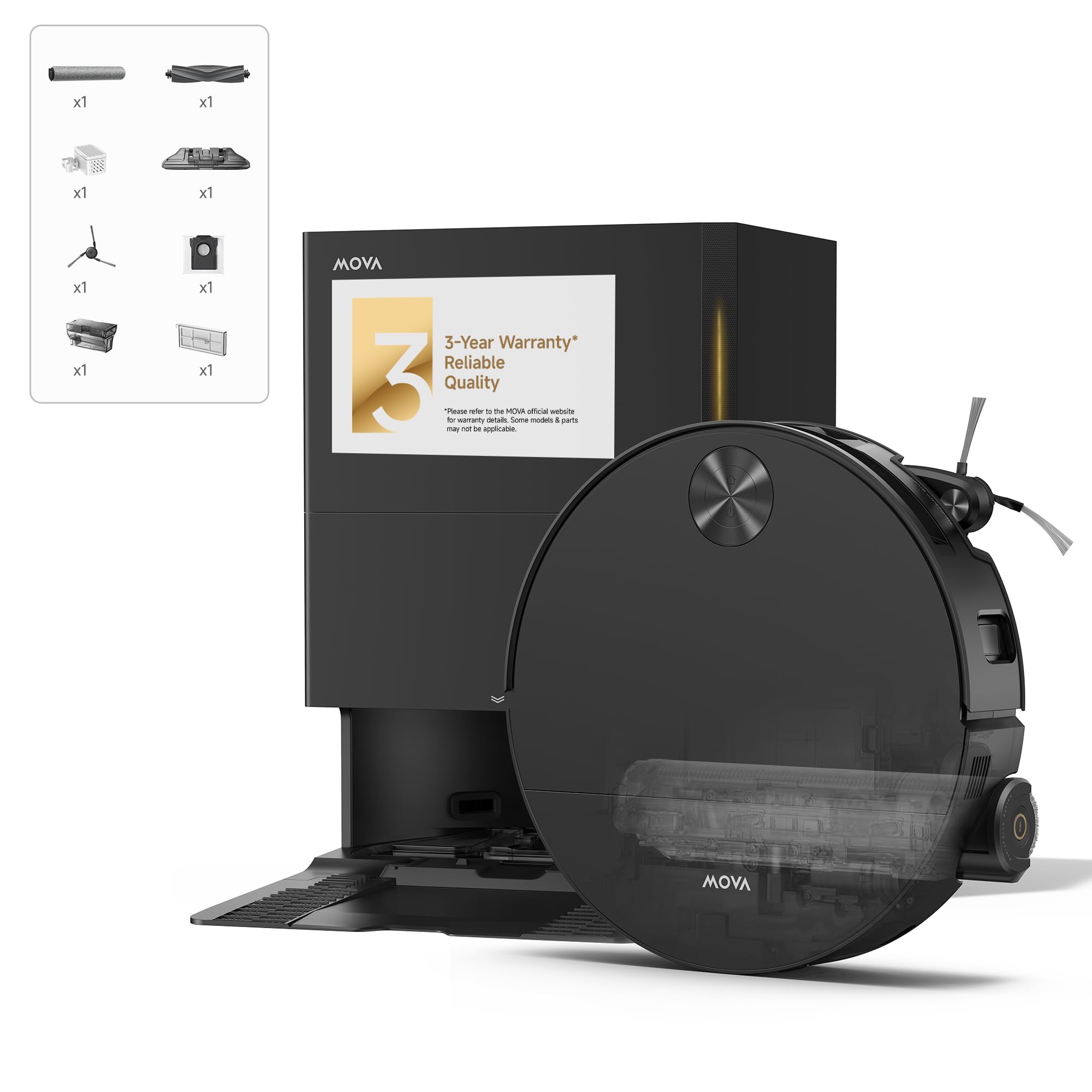 Mova S70 Roller Robot Vacuum with 28,000Pa Suction and HydroForce Mopping, MaxiReach Tech, CovertSense Navigation, 90mm Slim Body, Double Anti-Tangle Mechanisms, All-in-One Base Station