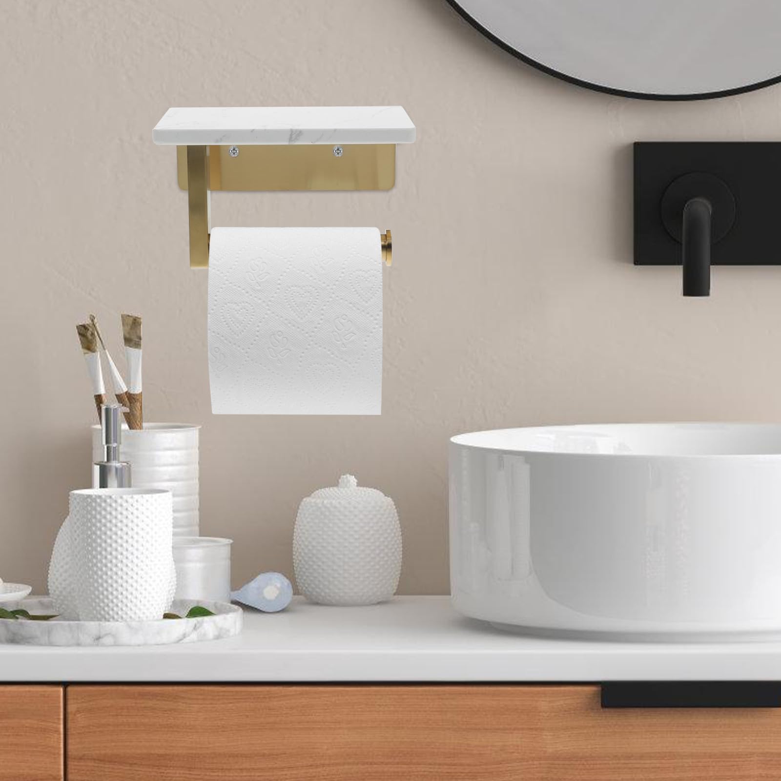 Portarotoli Carta Igienica da Parete Oro in Acciaio Inox Mensola Marmo | Distanza Fori 8, 3cm, Piano Superiore per Oggetti e Profumo, Stile Moderno Elegante